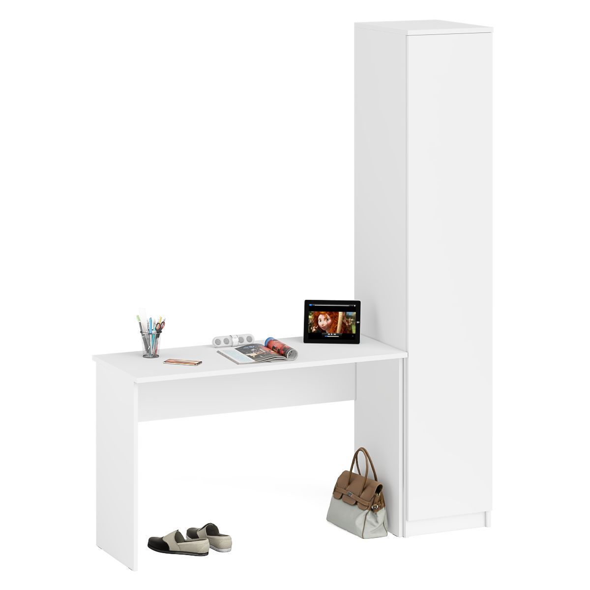 Изображение товара Письменный стол СВК Мори МСП1200.1 + пенал МШ400.1, белый, 160x50x209 см