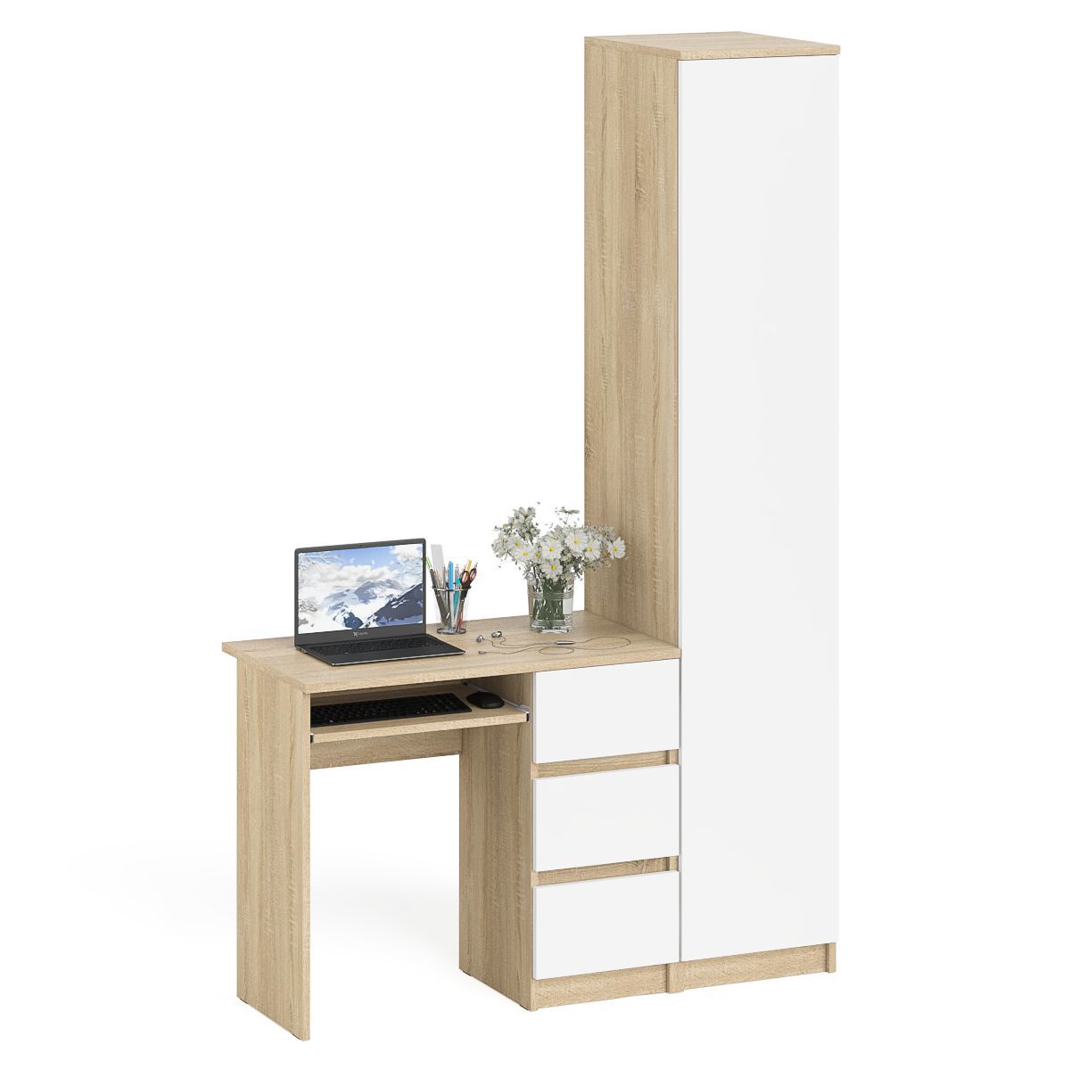 Изображение товара Стол компьютерный Свк Мори МС-6 с пеналом 130.4x209.6x50.4 см ЛДСП цвет дуб сонома/белый