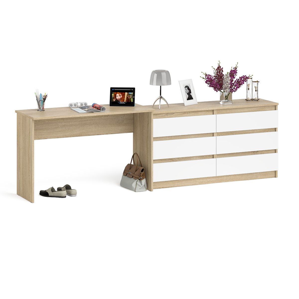 Изображение товара Письменный стол СВК Мори с комодом 258,4x50x76,6 см дуб сонома/белый