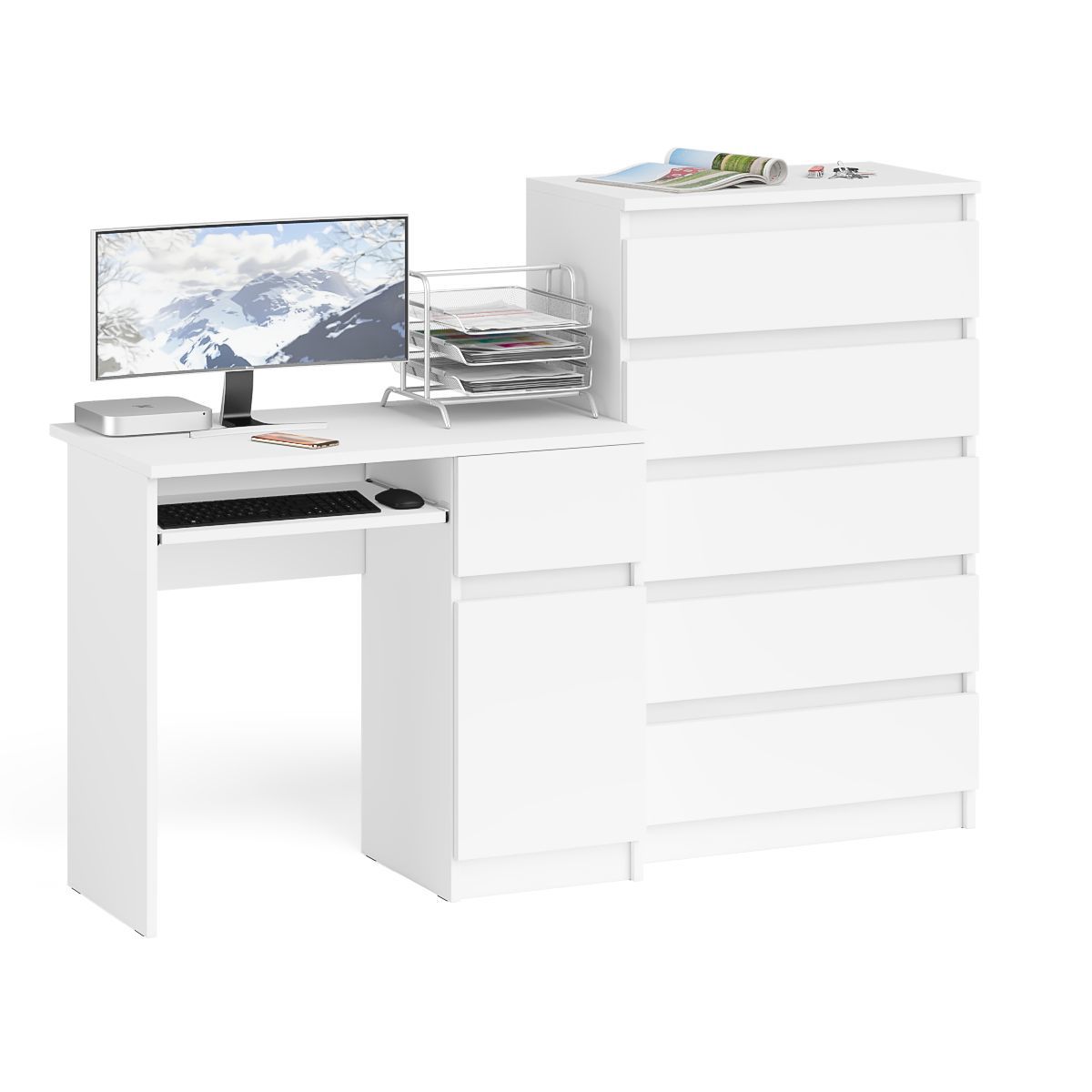 Изображение товара Стол компьютерный СВК Мори МС-1П 160,4x114x50 см белый с комодом 5 ящиков