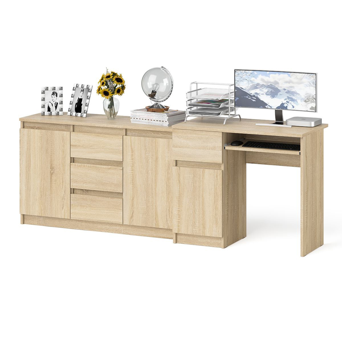 Изображение товара Стол компьютерный СвК Мори МС-1Л с тумбой слева 210.4x50x76.6 см дуб сонома