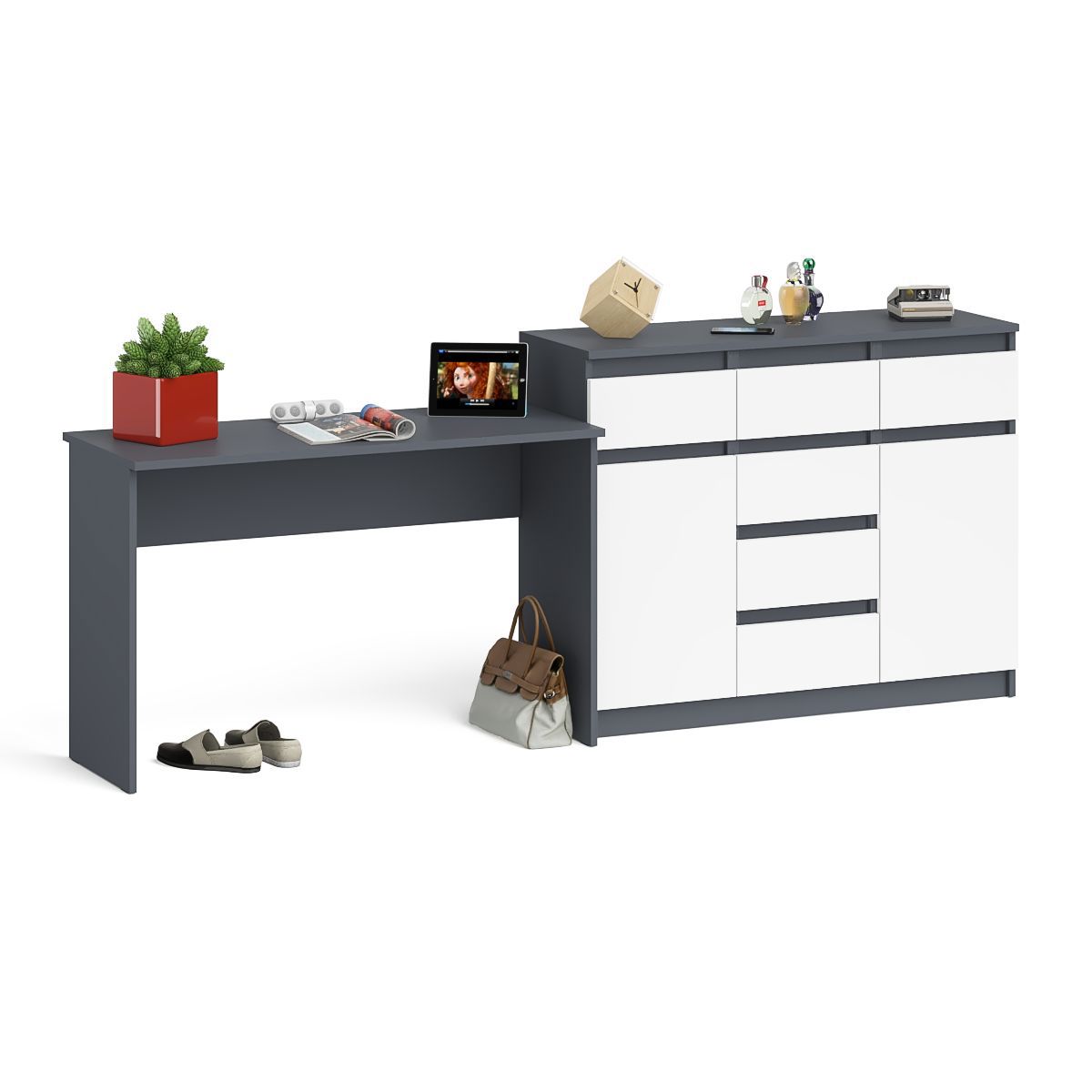 Изображение товара Стол письменный Свк Мори МСП1200.1 с комодом 240.8x94x50 см ЛДСП цвет графит/белый