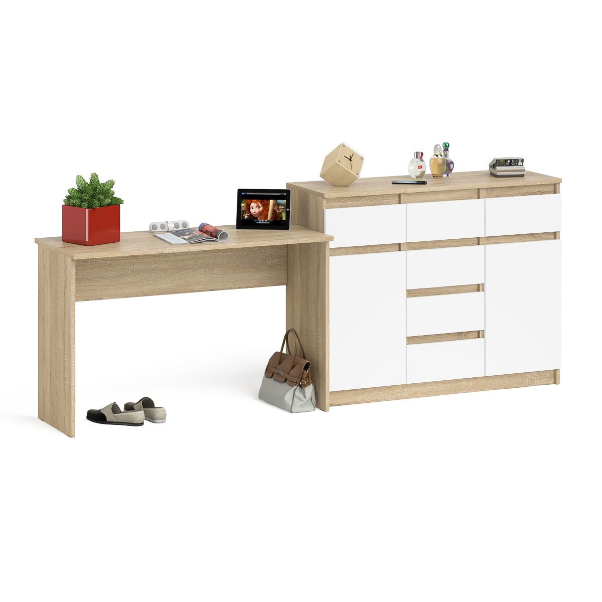 Изображение товара Стол письменный Свк Мори МСП1200.1 с комодом 240.8x94x50 см ЛДСП цвет дуб сонома/белый