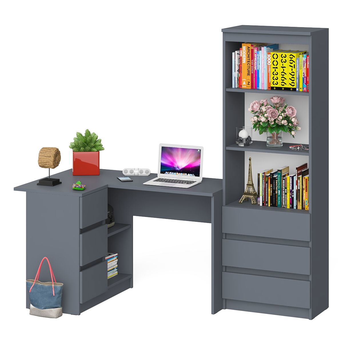 Изображение товара Стол компьютерный Свк Мори МС-16Л и стеллаж-комод МСТ600 184.8x179.6x84.9 см ЛДСП цвет графит