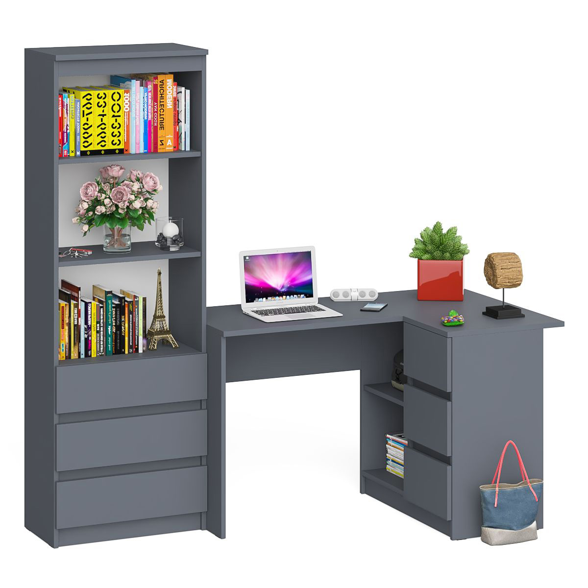 Изображение товара Стол компьютерный Свк Мори МС-16П и стеллаж-комод МСТ600 184.8x179.6x84.9 см ЛДСП цвет графит