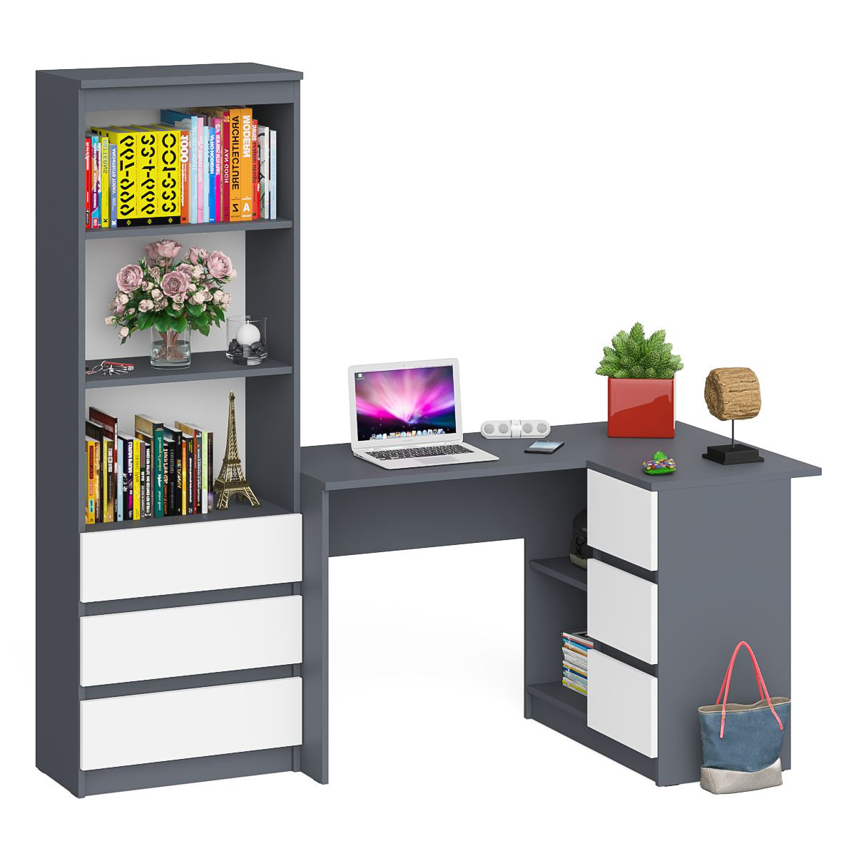 Изображение товара Стол компьютерный Свк Мори МС-16П и стеллаж-комод МСТ600 184.8x179.6x84.9 см ЛДСП цвет графит/белый