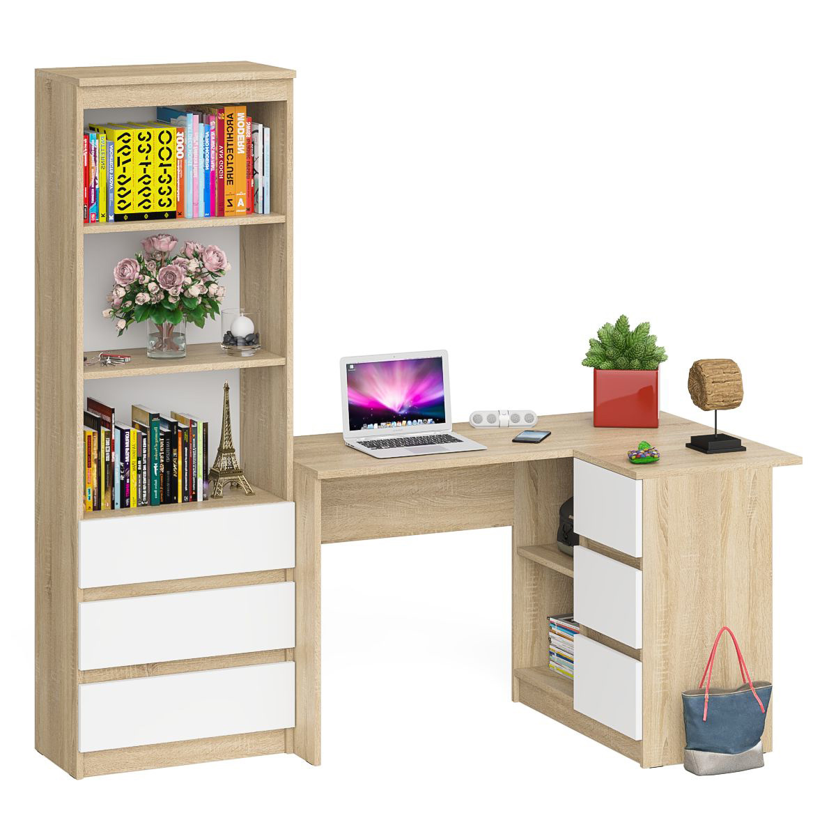 Изображение товара Стол компьютерный МС-16П+МСТ600.3 СВК — угловой комплект дуб сонома/белый