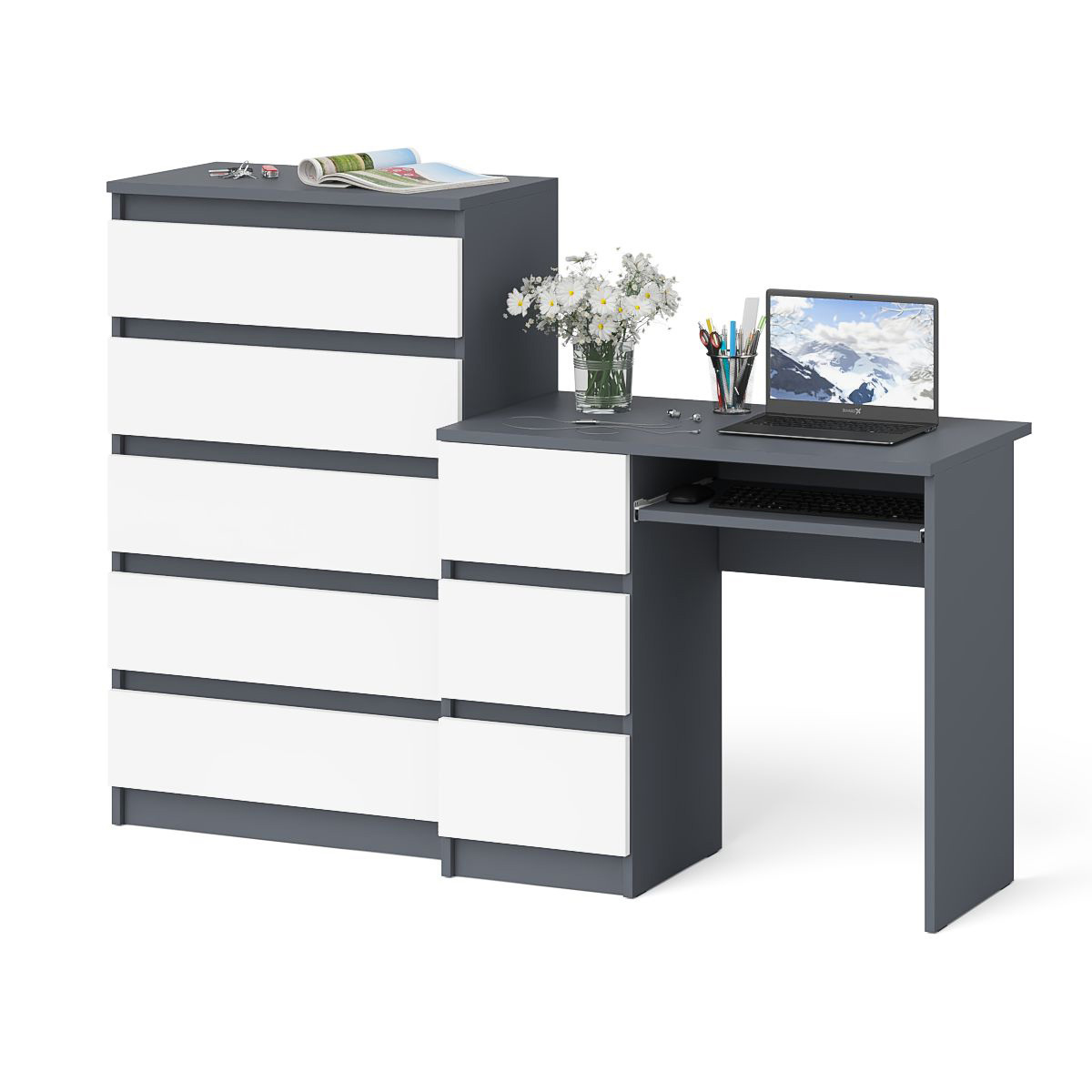 Изображение товара Стол компьютерный СВК МС-6Л+МК700.5 с узким комодом 5 ящиков графит/белый