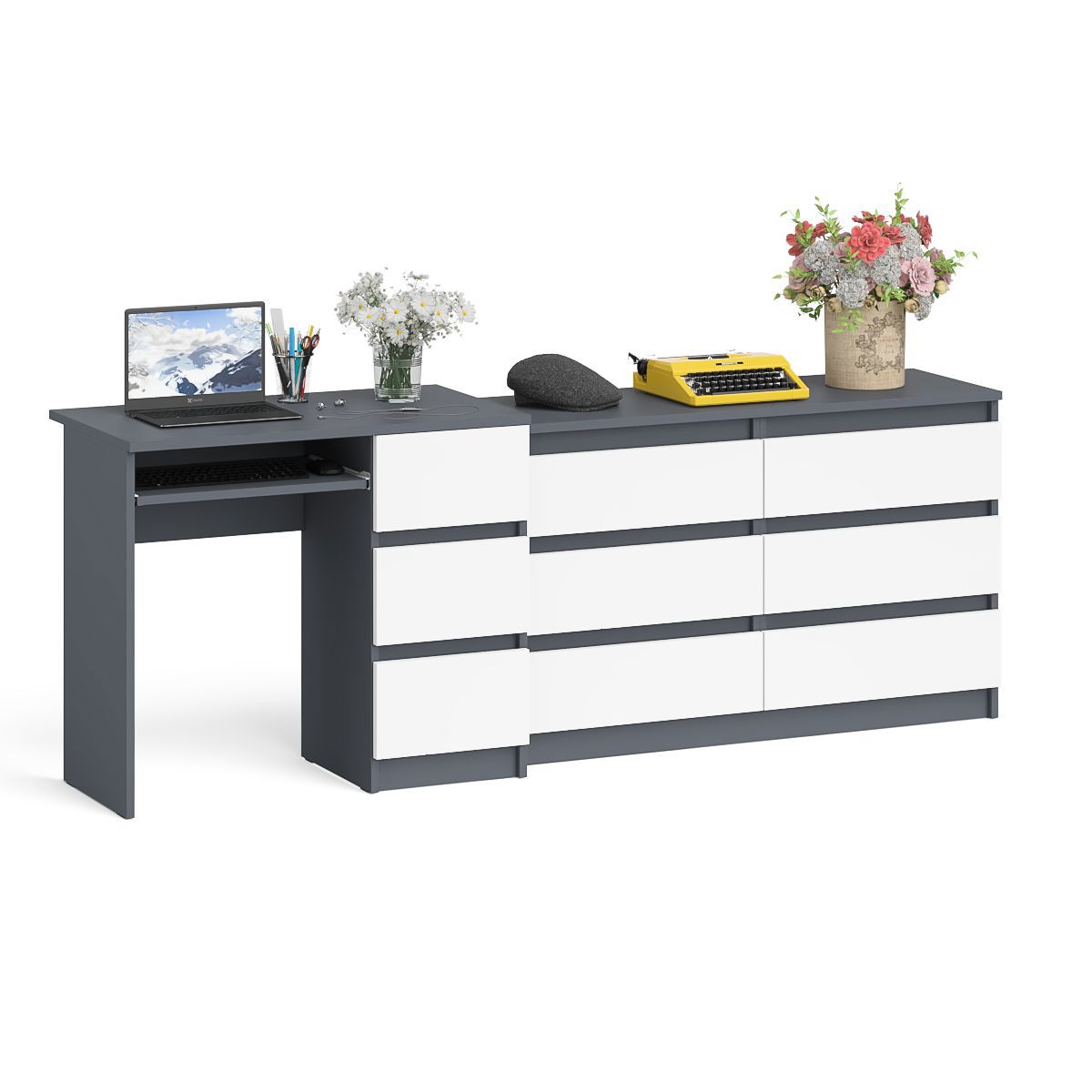 Изображение товара Стол компьютерный Свк Мори МС-6П и комодом МК1200 210.4x76.6x50 см ЛДСП цвет графит/белый Изображение товара Стол компьютерный Свк Мори МС-6П и комодом МК1200 210.4x76.6x50 см ЛДСП цвет графит/белый