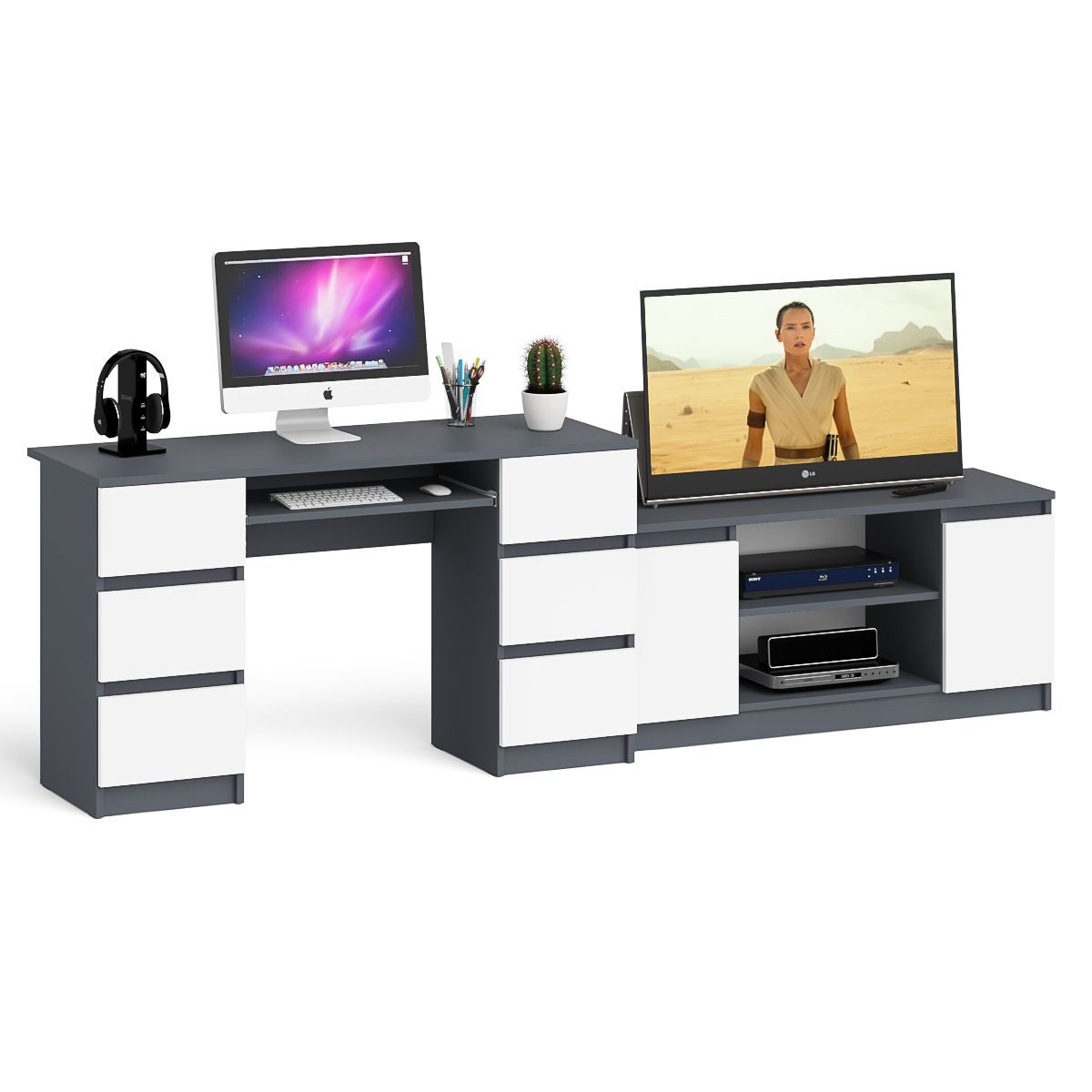 Изображение товара Стол компьютерный Свк Мори МС-2 с тумбой МТВ1200.1 255.8x76.6x50 см ЛДСП цвет графит/белый