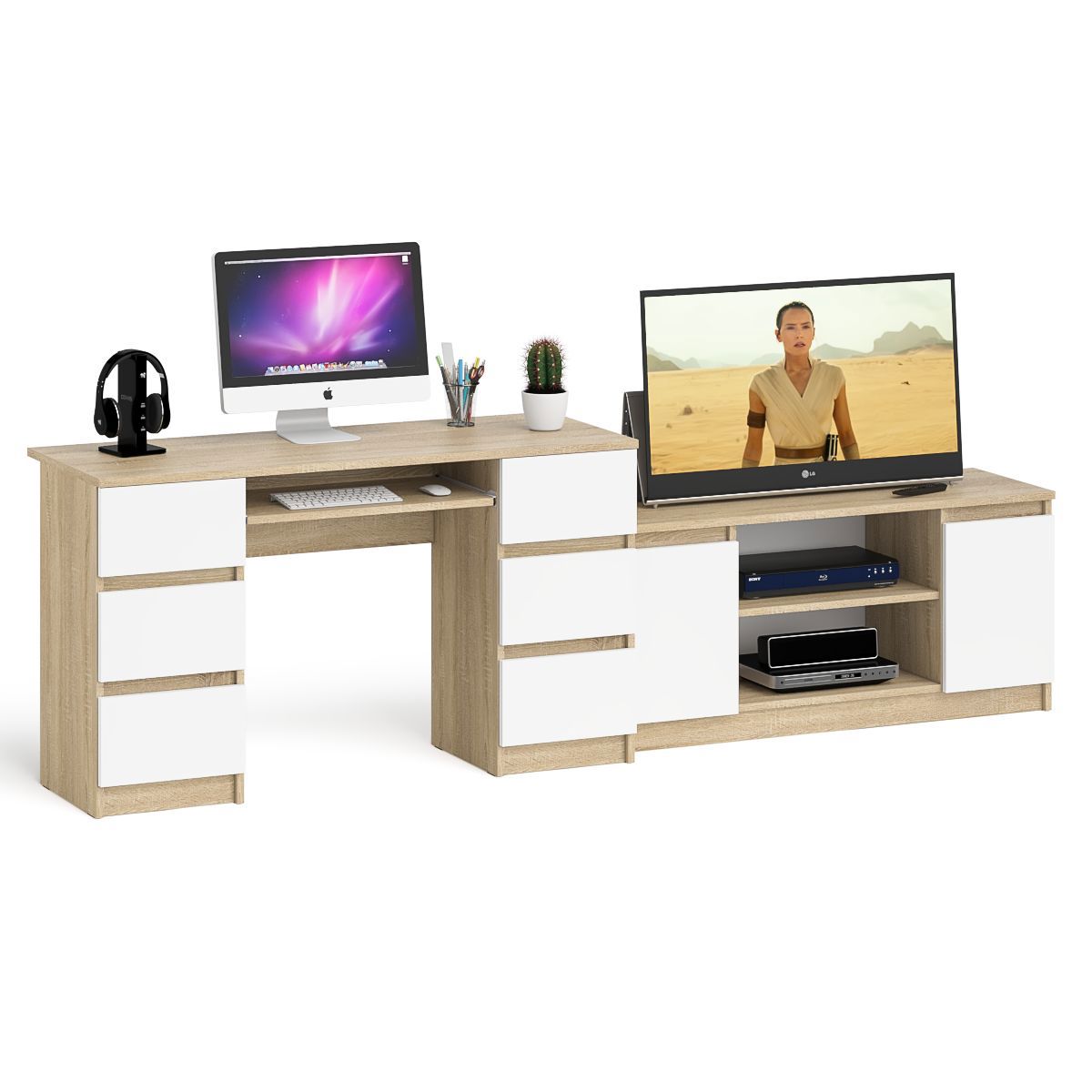 Изображение товара Стол компьютерный Свк Мори МС-2 с тумбой МТВ1200.1 255.8x76.6x50 см ЛДСП цвет дуб сонома/белый