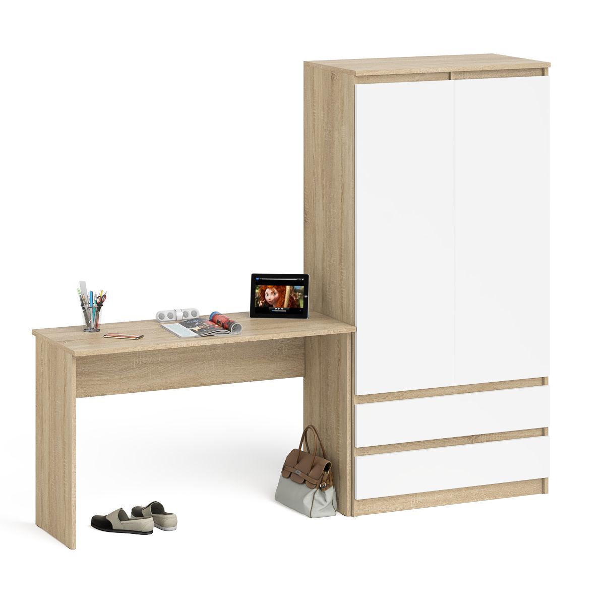 Изображение товара Стол письменный Свк Мори 210.8x179.6x50.4 см ЛДСП цвет дуб сонома/белый