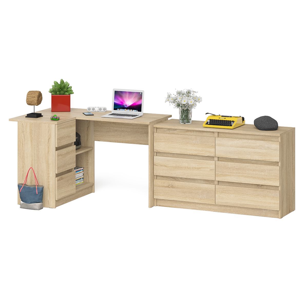 Изображение товара Стол компьютерный СВК Мори МС-16Л+МК1200.6 с левым тумбой и широким комодом, дуб сонома Изображение товара Стол компьютерный СВК Мори МС-16Л+МК1200.6 с левым тумбой и широким комодом, дуб сонома