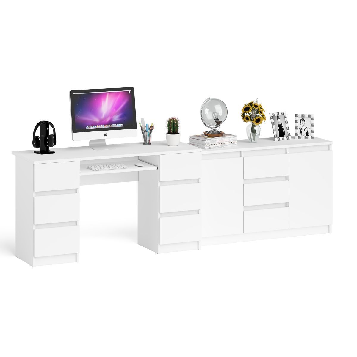 Изображение товара Стол компьютерный СвК Мори МС-2+МК1200.3 с комодом-тумбой — белый, 255,8x50x76,6 см