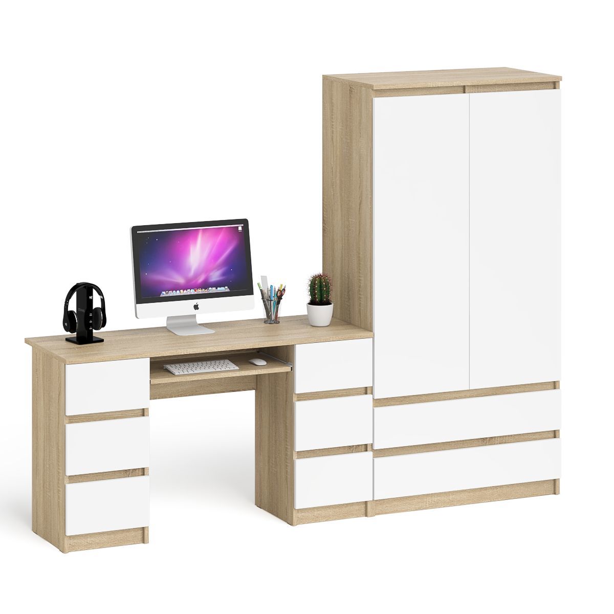 Изображение товара Компьютерный стол SVK Мори МС-2 + шкаф-комод МШ900.1 Дуб сонома/белый