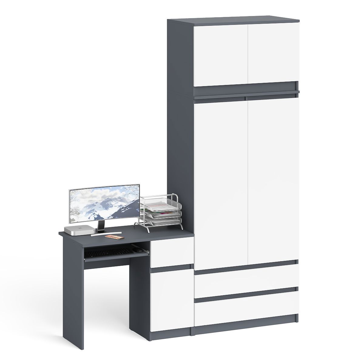 Изображение товара Стол компьютерный Свк Мори МС-1П со шкафом с антресолью 180.4x209.6x50.4 см ЛДСП цвет графит/белый