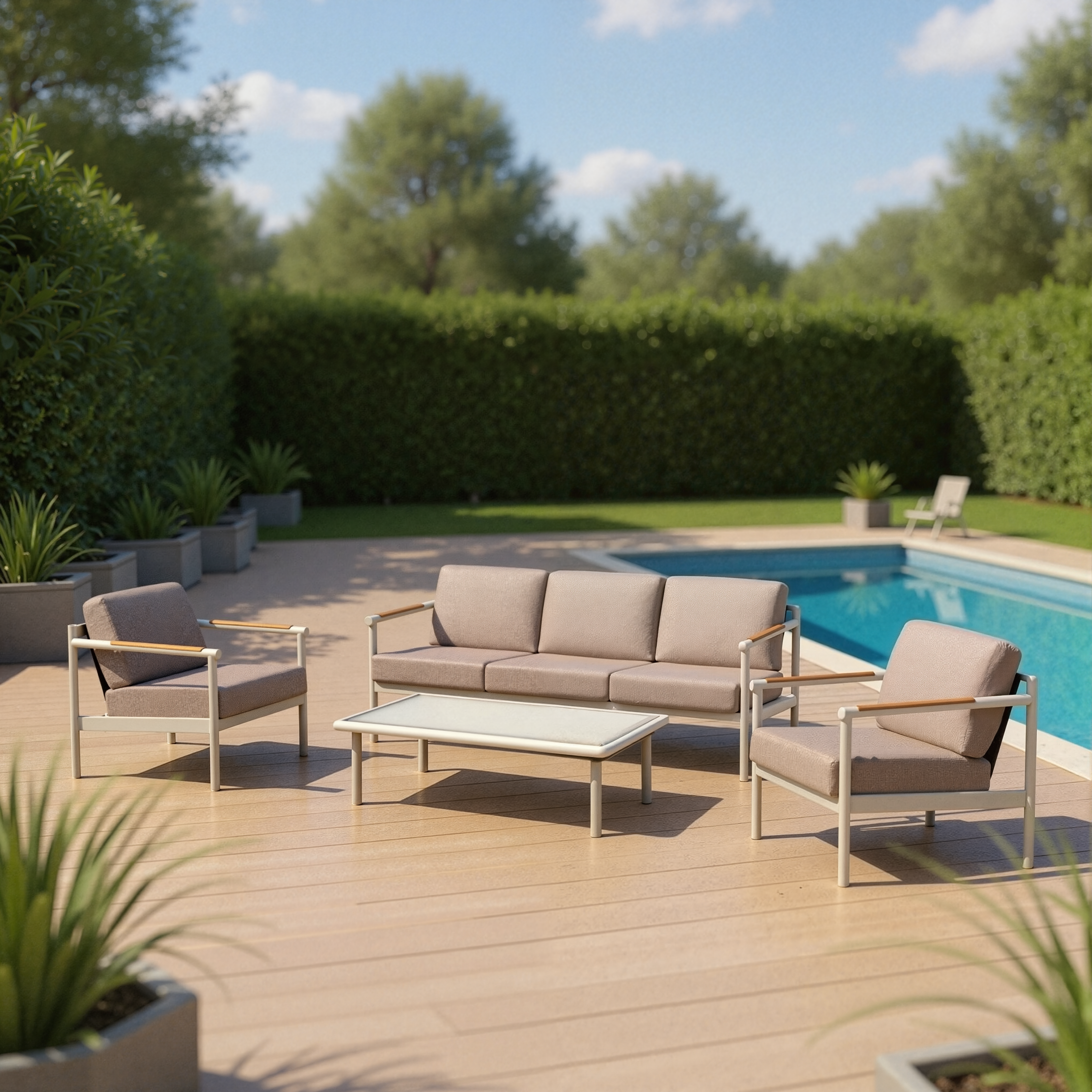 Изображение товара Набор садовой мебели для отдыха с подушками BEGINIA Saima Алюминий Стол, диван, кресло 2 шт Бежевый