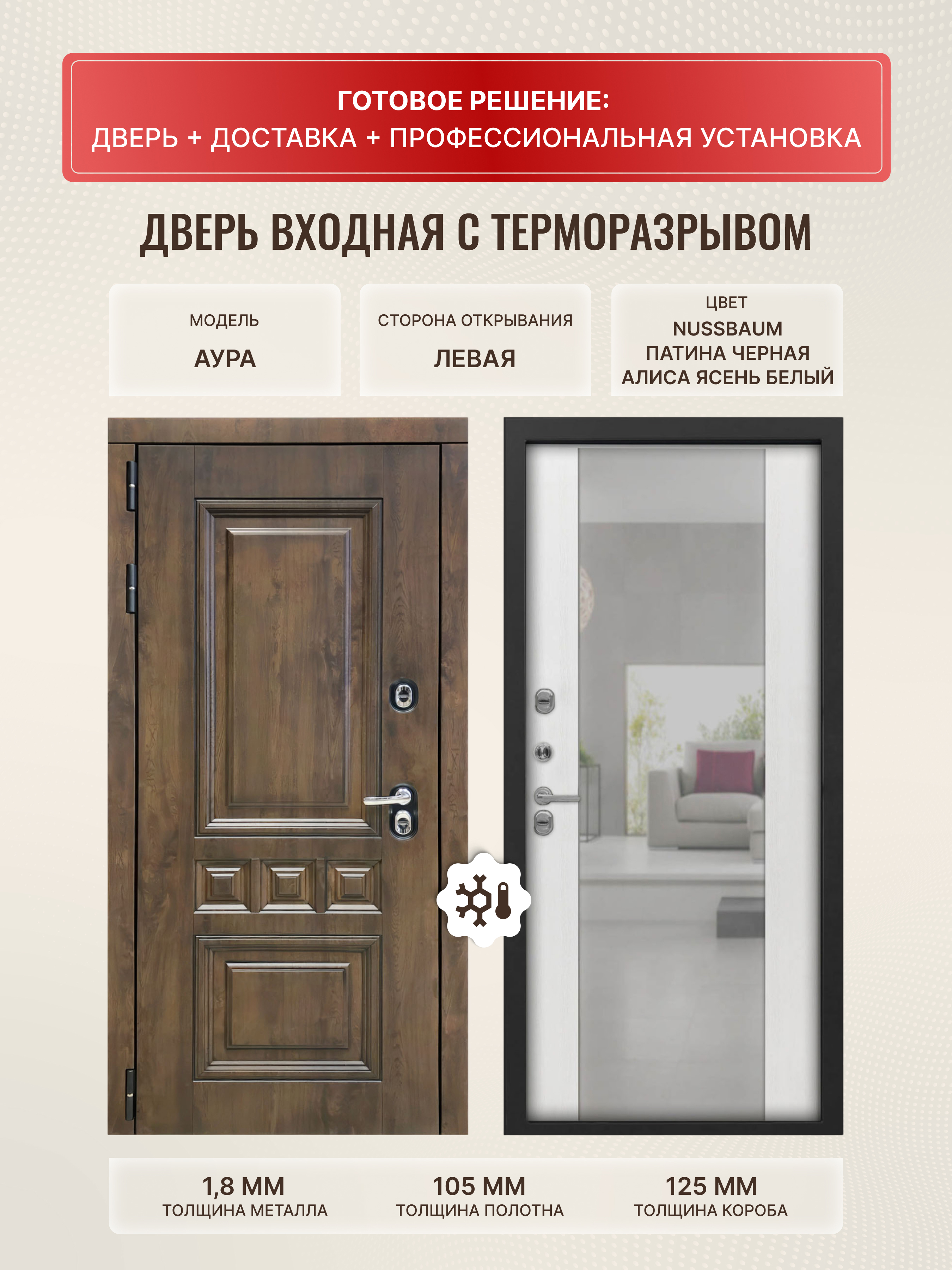 Изображение товара Входная дверь Дверипро Термо L Аура левый 205x96см цвет nussbaum и патина черная/алиса ясень белый с зеркалом