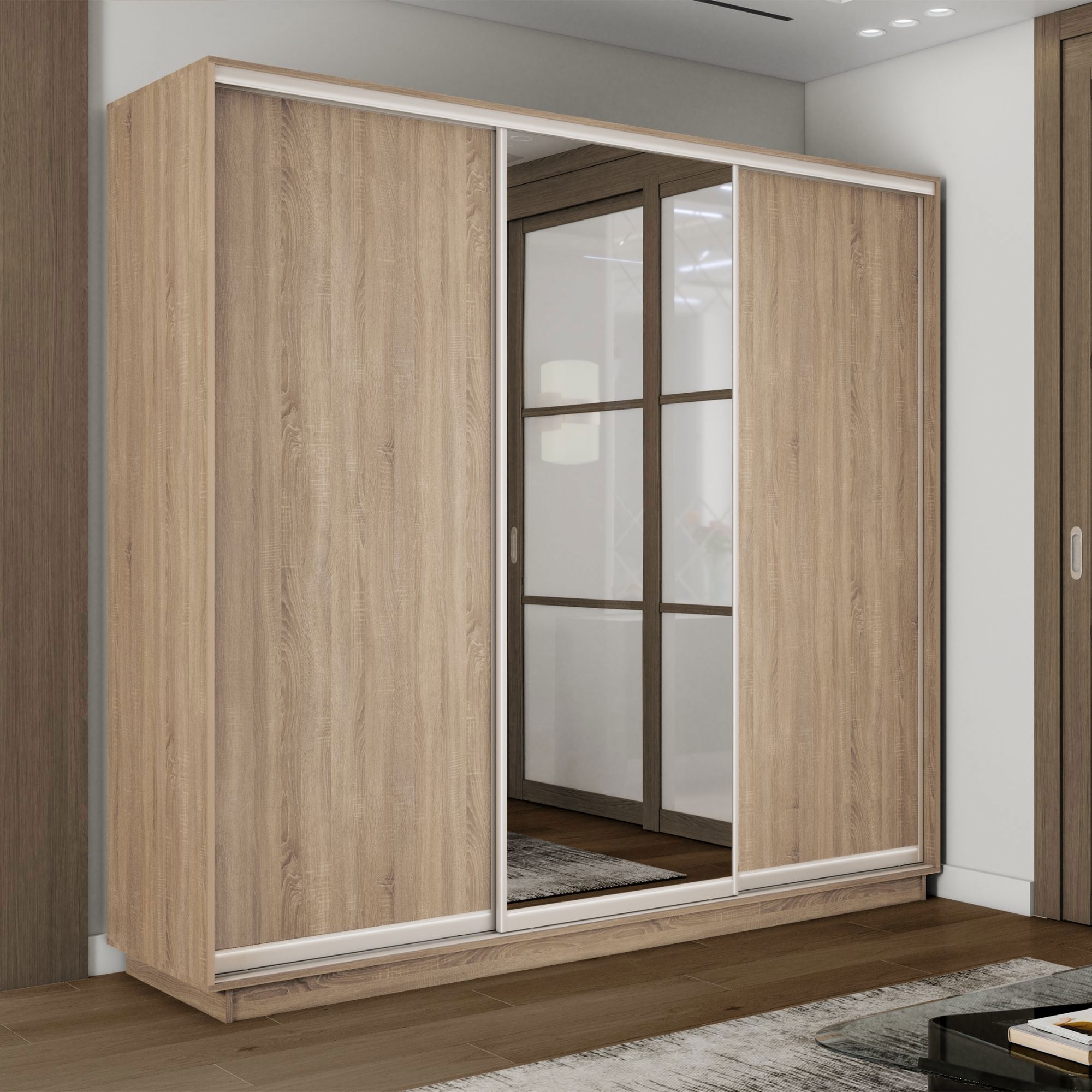 Изображение товара Шкаф-купе Мебельная Компания Е1 3 дверный 240x180x45 см зеркало 9 полок ЛДСП цвет дуб сонома 45emt1_180240_s
