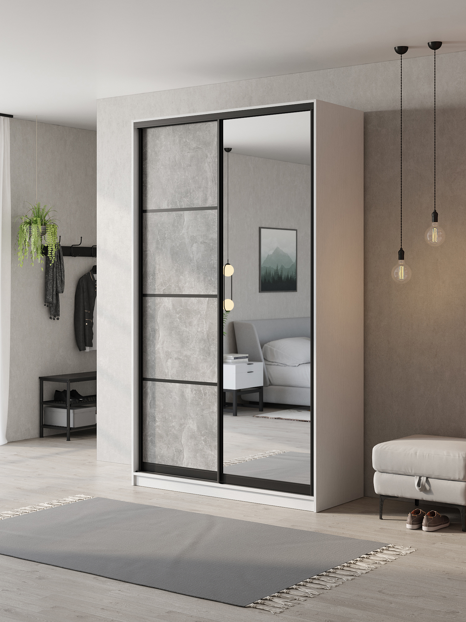 Изображение товара Шкаф-купе Клевер Атина с зеркалом 240x130x65 см 6 полок ЛДСП цвет белый/бетон серый