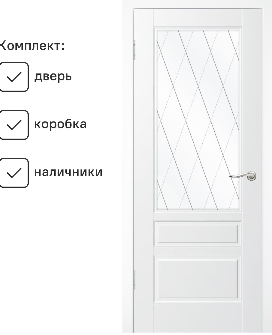 Изображение товара Комплект межкомнатной двери Wanmark Скай-3 остеклённая 200x60см эмаль цвет белый с коробом и наличниками
