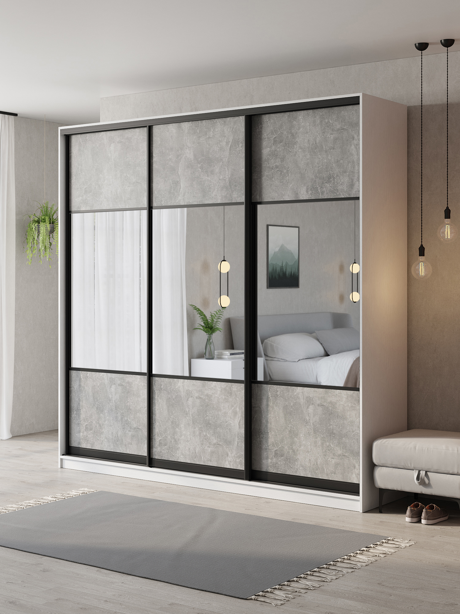 Изображение товара Шкаф-купе Клевер Атина комбинированный 240x250х45 см 9 полок ЛДСП цвет белый/бетон серый