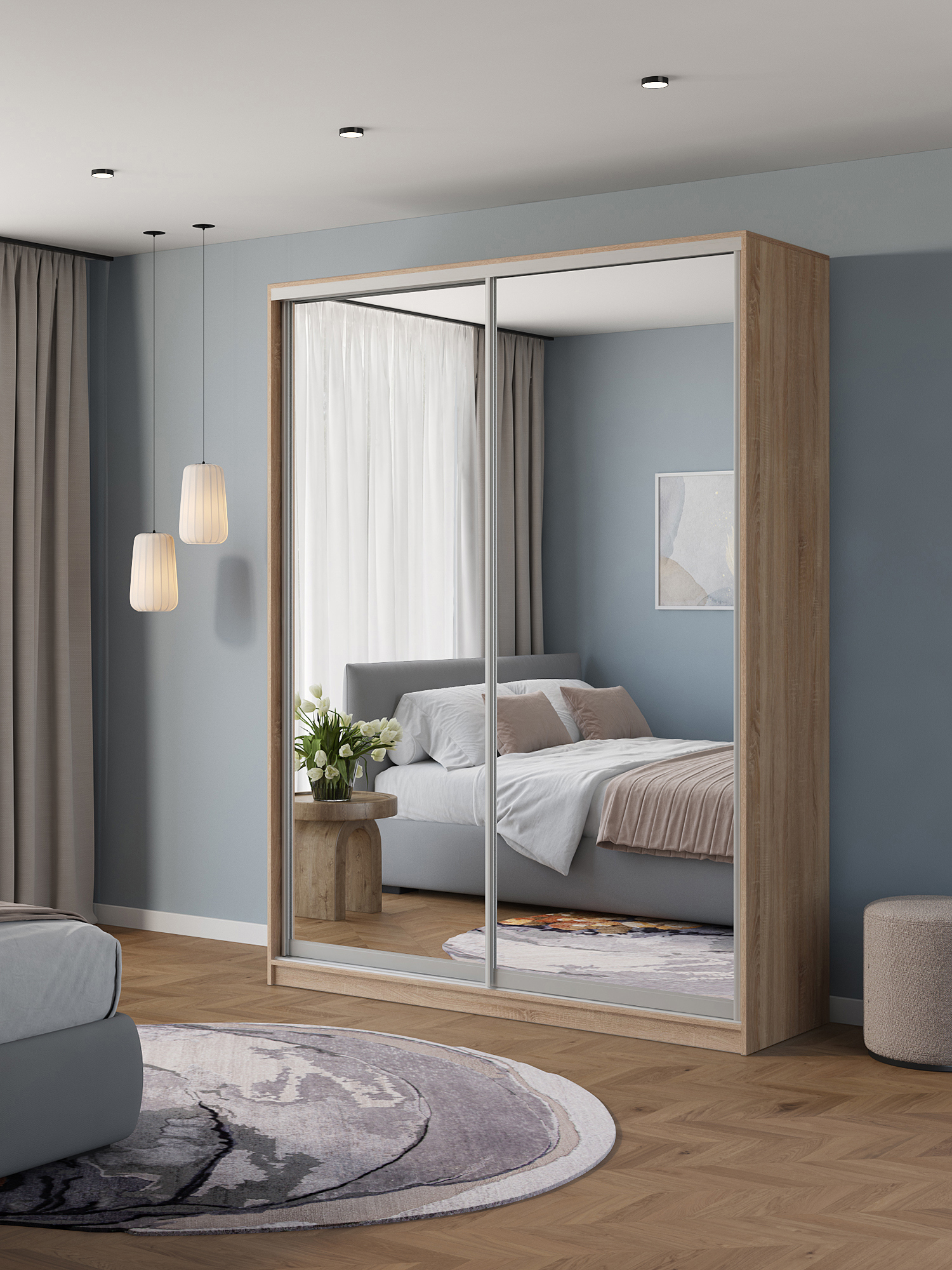 Изображение товара Шкаф-купе Клевер Атина зеркальный 240x190x58 см 6 полок ЛДСП цвет дуб сонома