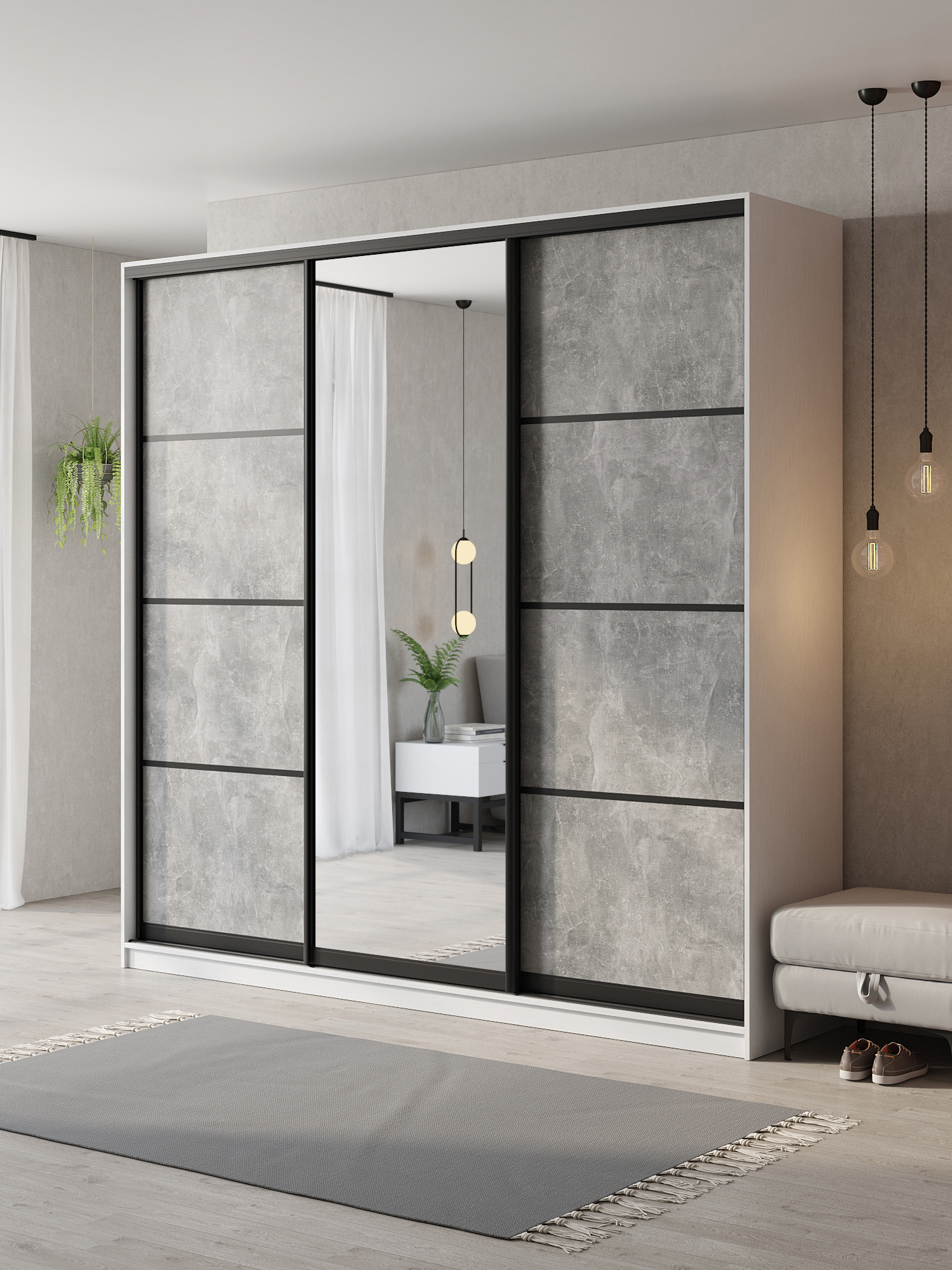 Изображение товара Шкаф-купе Клевер Атина с зеркалом 240x250x58 см 9 полок ЛДСП цвет белый/бетон серый