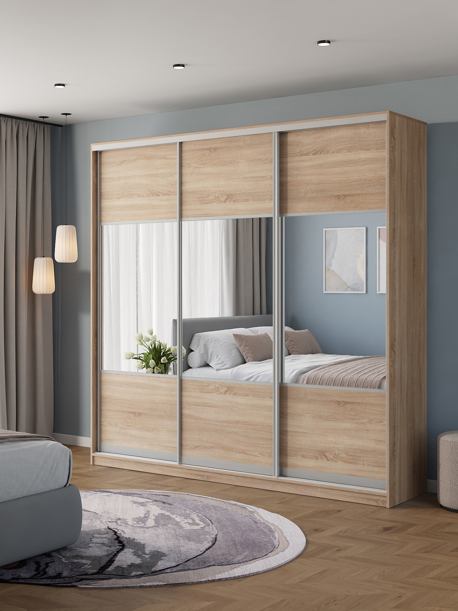 Изображение товара Шкаф-купе Клевер Атина комбинированный 240x230x65 см 9 полок ЛДСП цвет дуб сонома