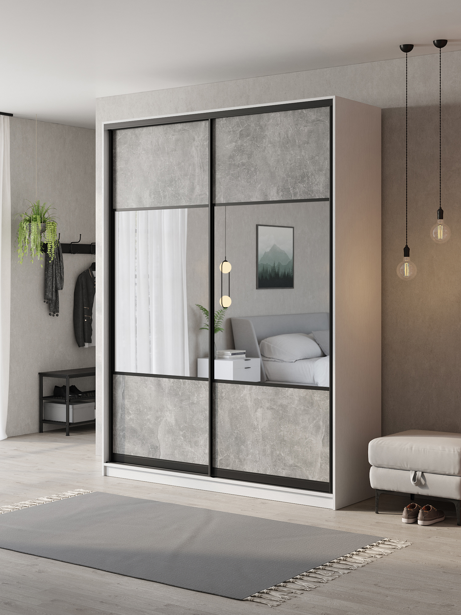Изображение товара Шкаф-купе Клевер Атина комбинированный 240x180x58 см 6 полок ЛДСП цвет белый/бетон серый
