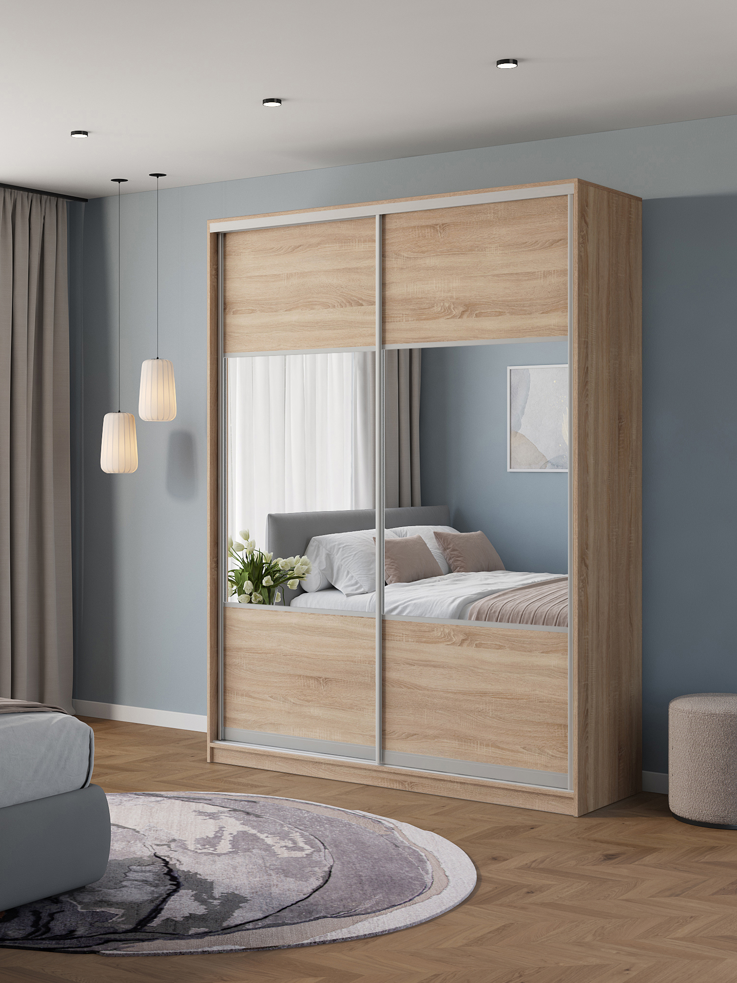 Изображение товара Шкаф-купе Клевер Атина c зеркалом 190.2x50.2x240 см ЛДСП цвет дуб сонома комбинированный Изображение товара Шкаф-купе Клевер Атина c зеркалом 190.2x50.2x240 см ЛДСП цвет дуб сонома комбинированный