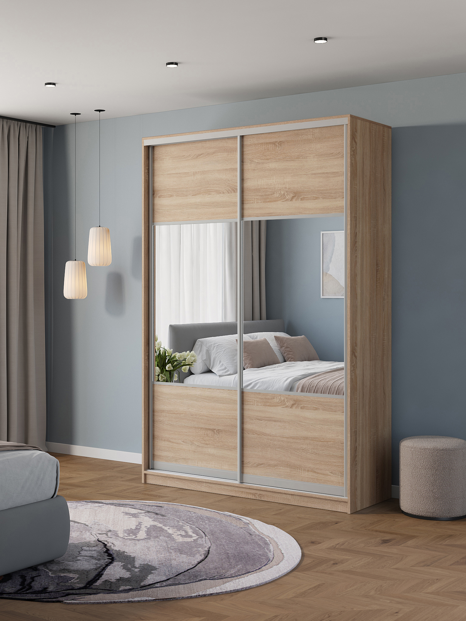 Изображение товара Шкаф-купе Клевер Атина комбинированный 240x150х58 см с зеркалом и системой Hettich