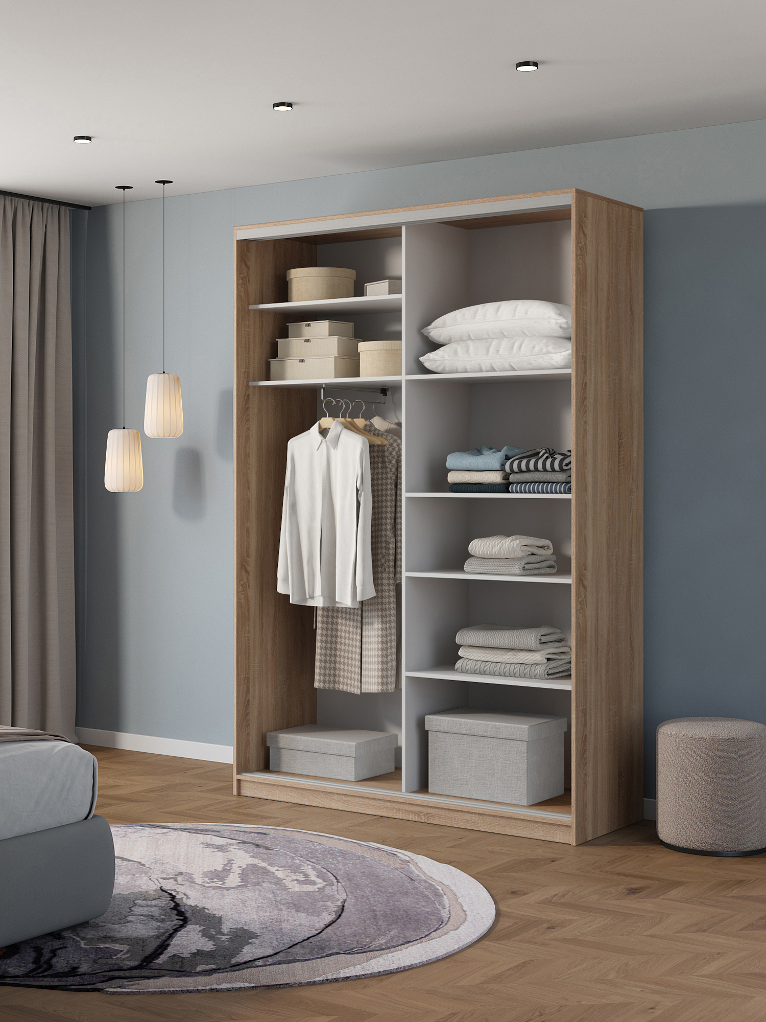 Изображение товара Шкаф-купе Клевер Атина 240x130x50 см с 6 полками и зеркалом