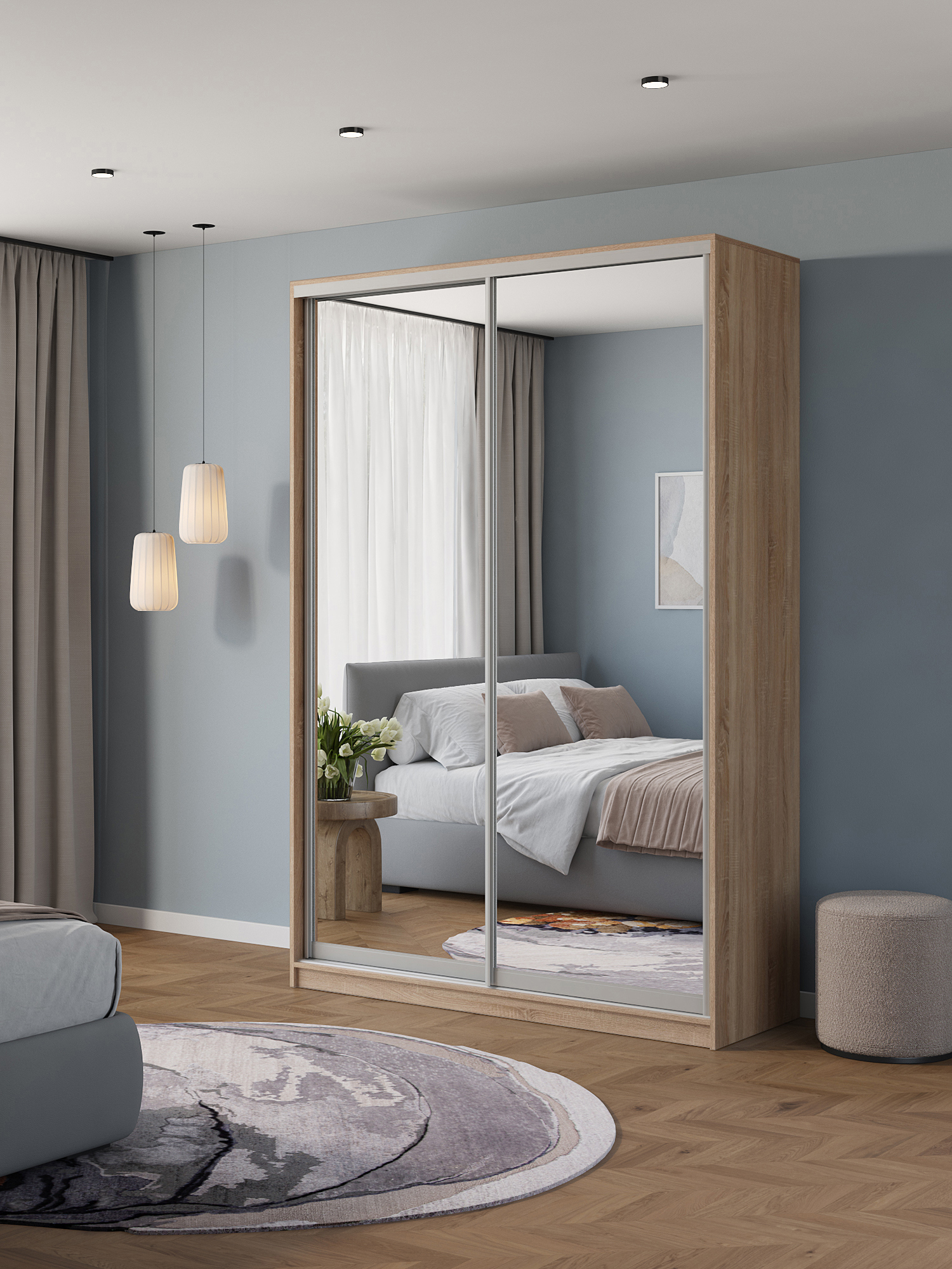 Изображение товара Шкаф-купе Клевер Атина зеркальный 240x150x58 см 6 полок ЛДСП цвет дуб сонома