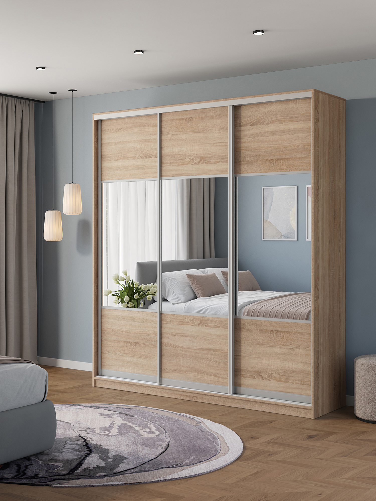 Изображение товара Шкаф-купе Клевер Атина комбинированный 240x210х65 см 9 полок ЛДСП цвет дуб сонома