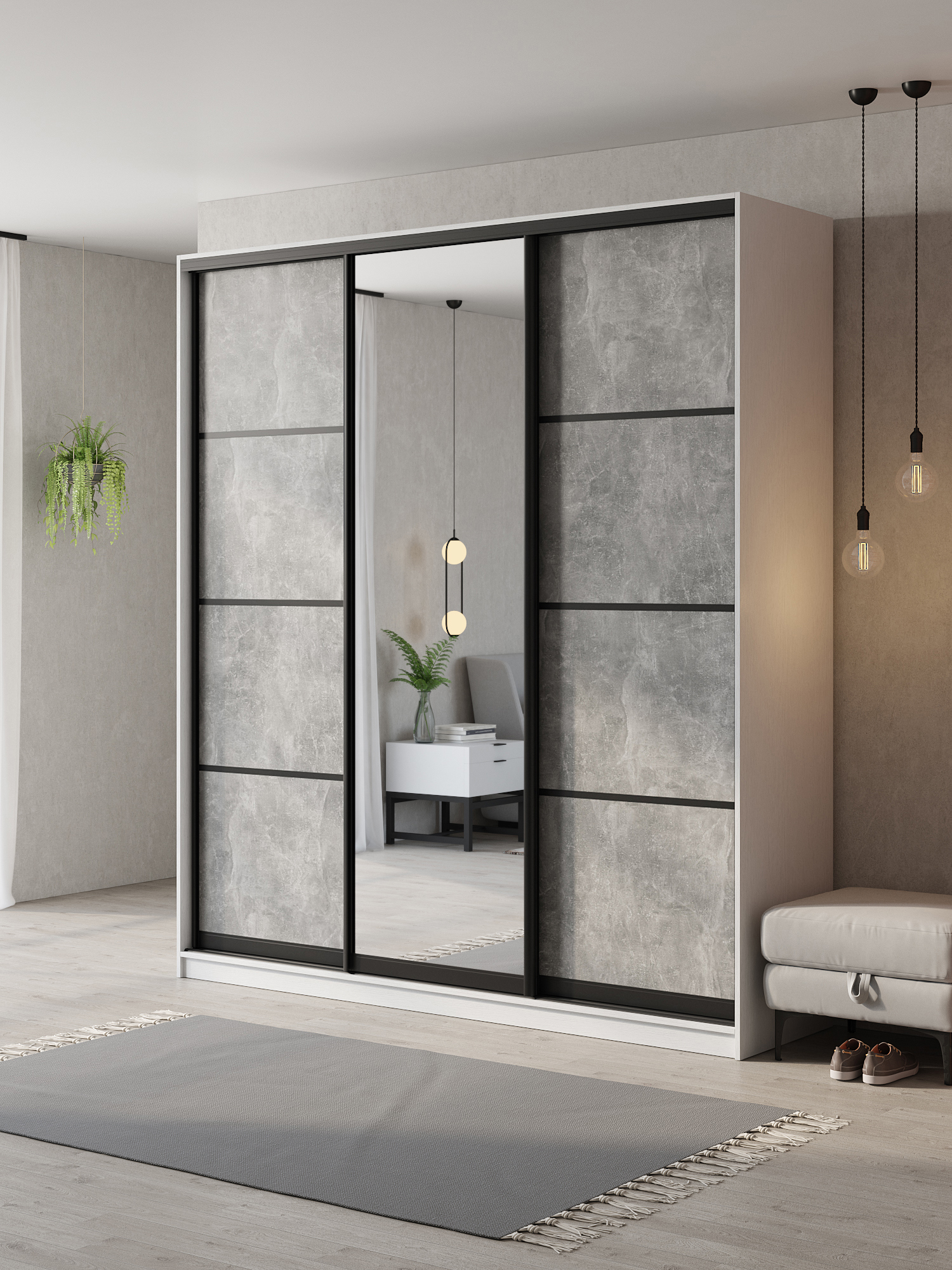 Изображение товара Шкаф-купе Клевер Атина с зеркалом 240x220x45 см 9 полок ЛДСП цвет белый/бетон серый Изображение товара Шкаф-купе Клевер Атина с зеркалом 240x220x45 см 9 полок ЛДСП цвет белый/бетон серый