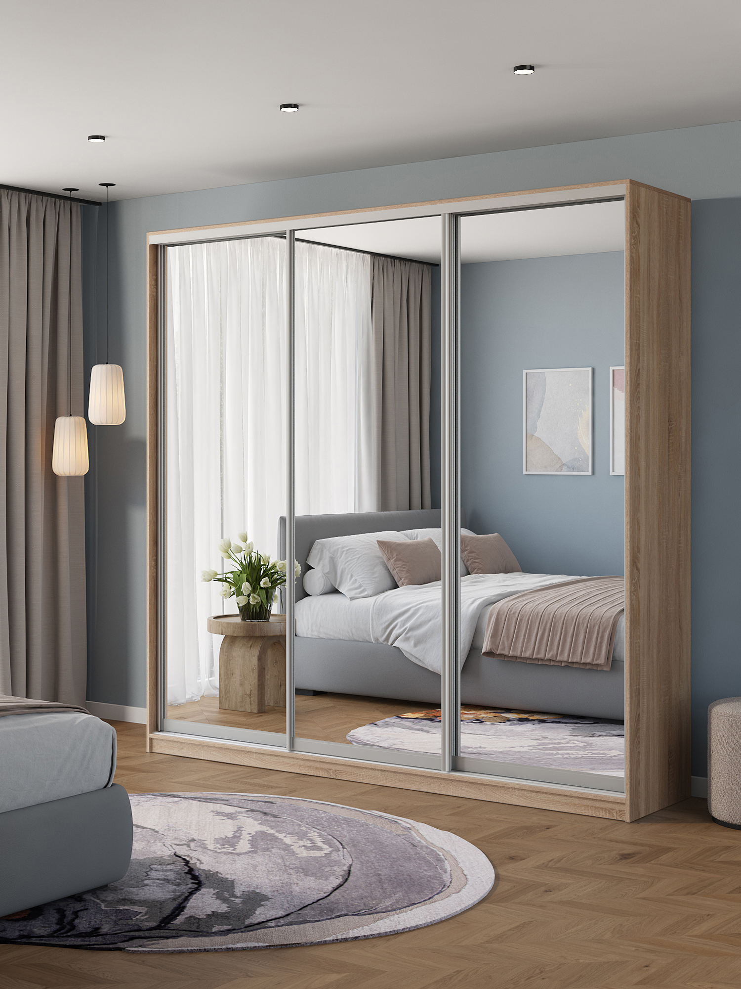 Изображение товара Шкаф-купе Клевер Атина зеркальный 240x250x58 см 9 полок ЛДСП цвет дуб сонома