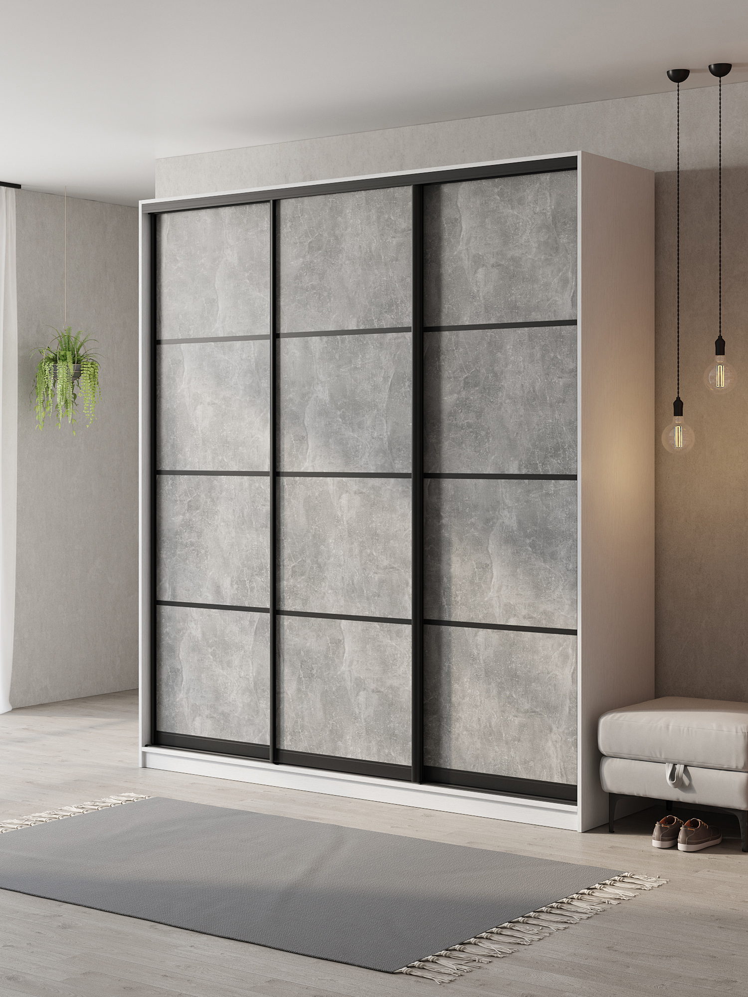 Изображение товара Шкаф-купе Клевер Атина 240x200x50 см, 3 двери, ЛДСП, бело-бетон