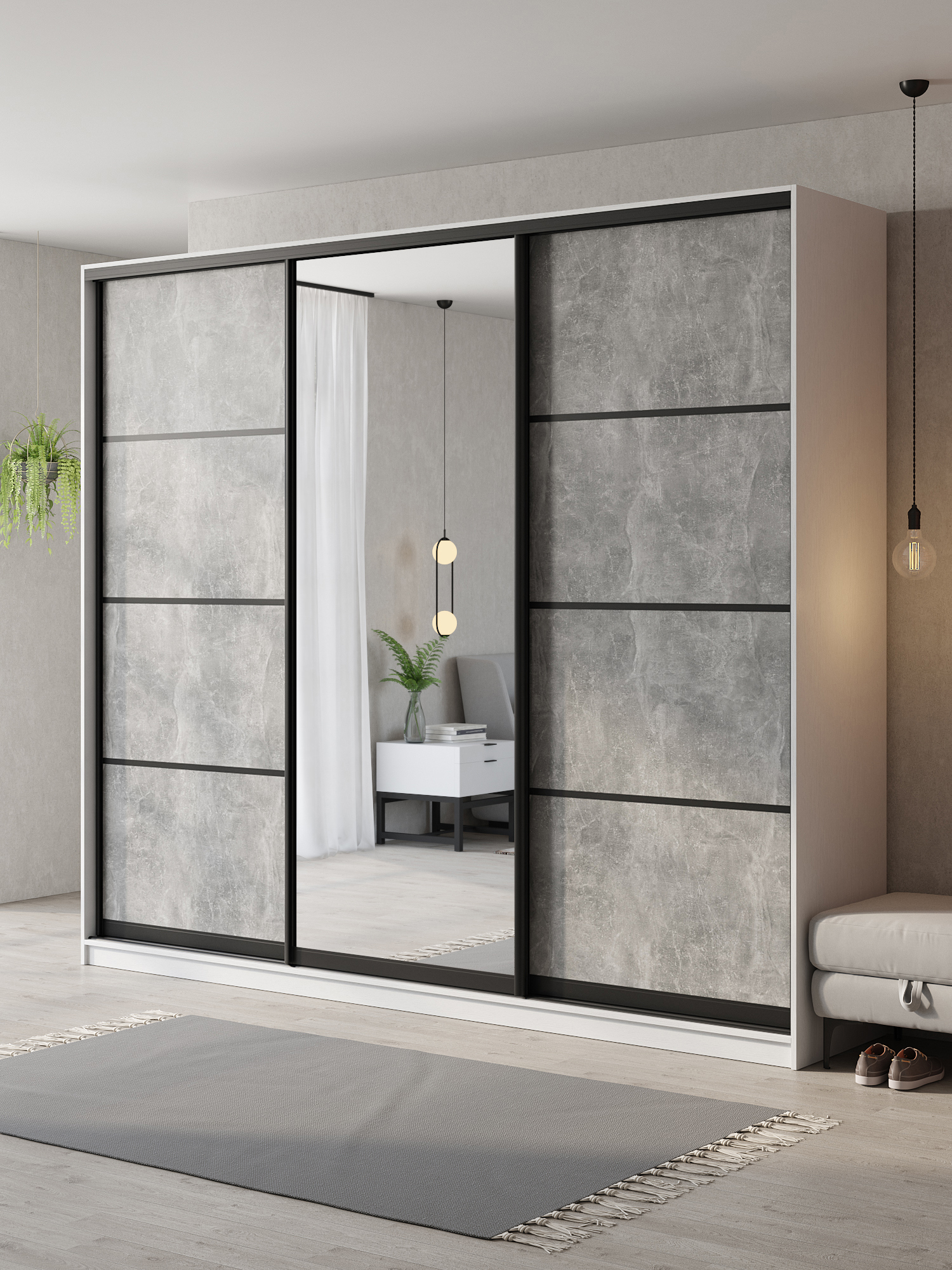 Изображение товара Шкаф-купе Клевер Атина с зеркалом 240x260х50 см белый/бетон серый