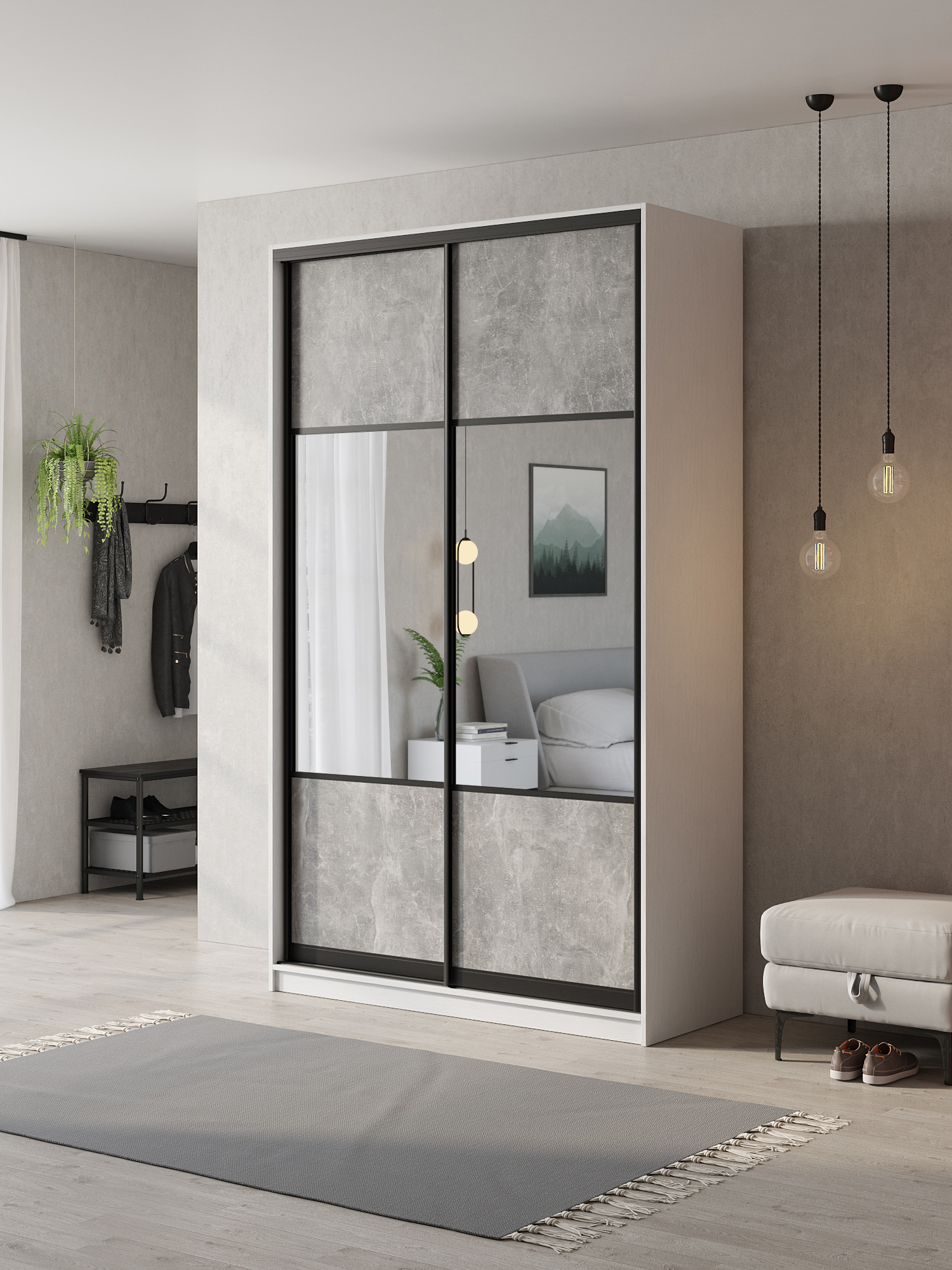 Изображение товара Шкаф-купе Клевер Атина комбинированный 240x110х65 см 6 полок ЛДСП цвет белый/бетон серый