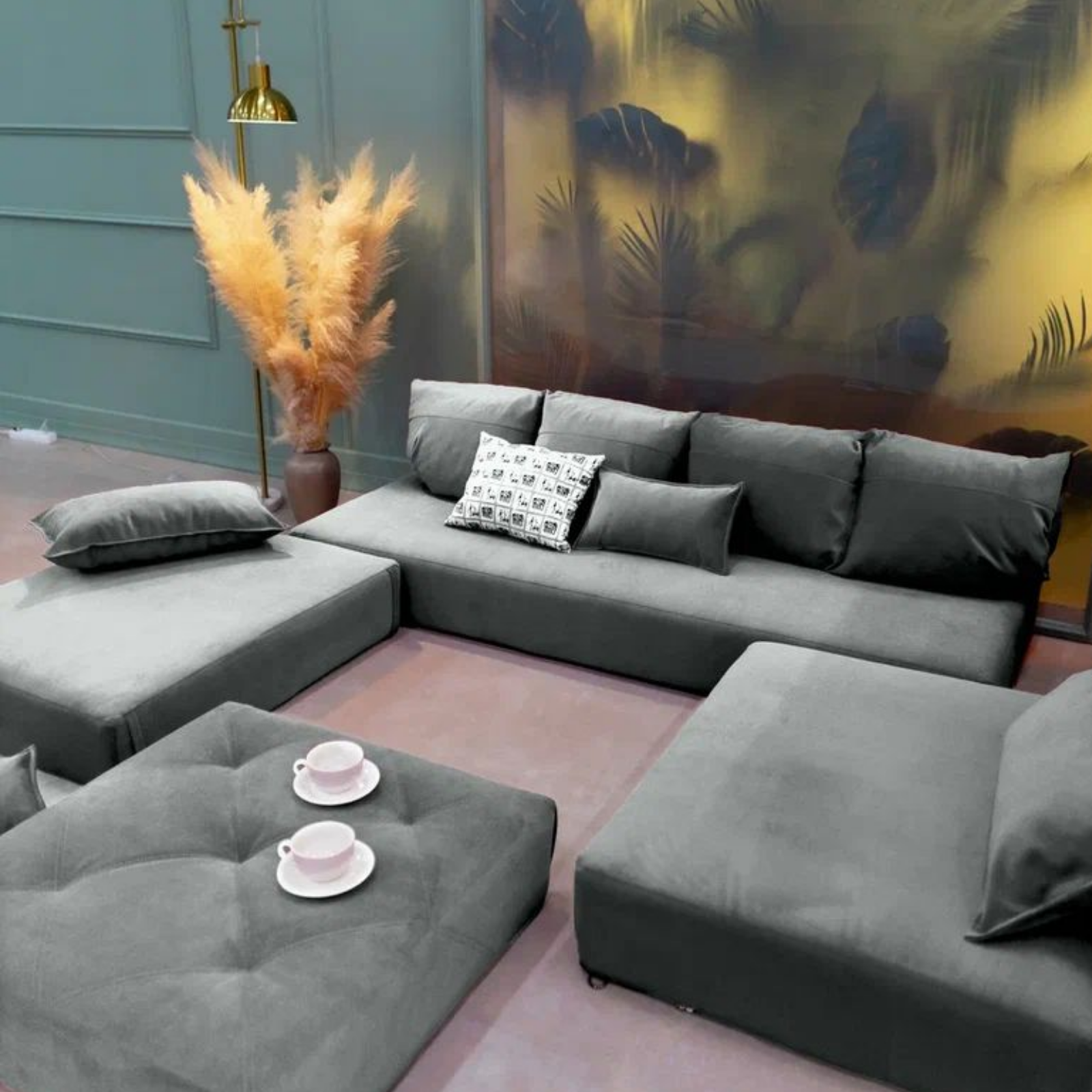 Изображение товара Диван Miella Amore со столиком, велюр светло-серый, модульный