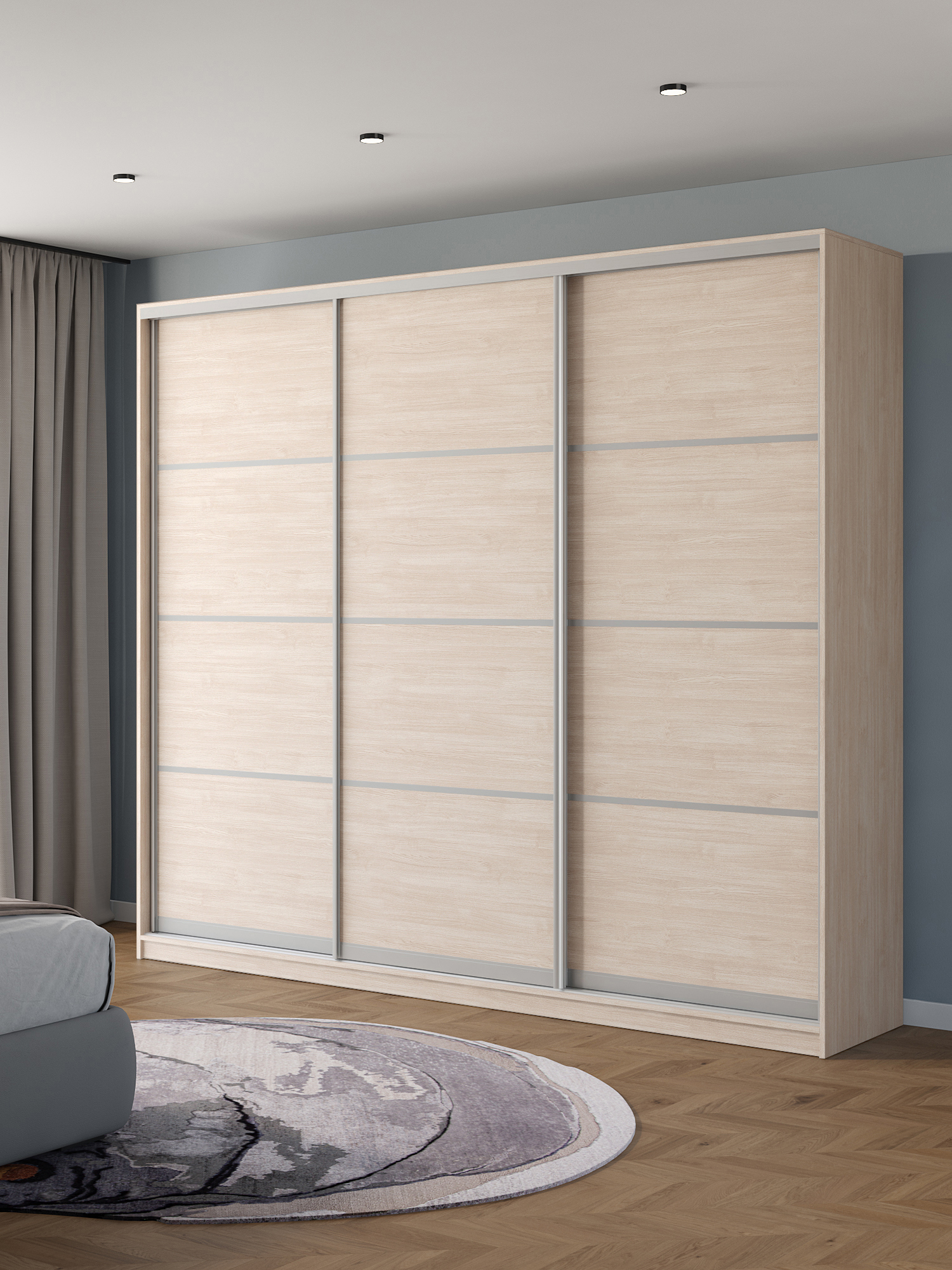 Изображение товара Шкаф-купе Клевер Атина с 3 дверями 240x270х65 см 9 полок ЛДСП цвет шамони светлый