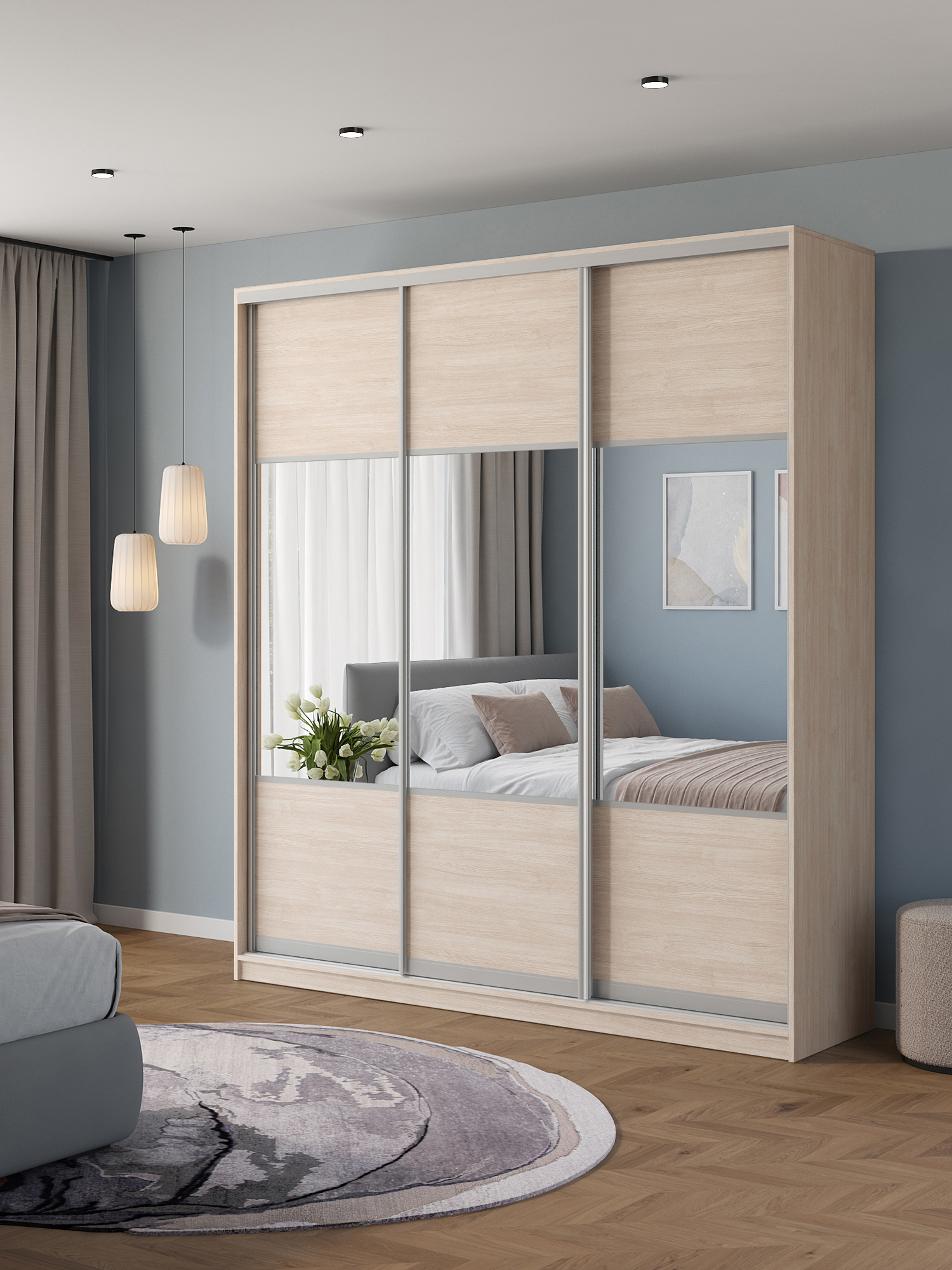 Изображение товара Шкаф-купе Клевер Атина с 3 дверями 240x200x65 см из ЛДСП шамони светлый