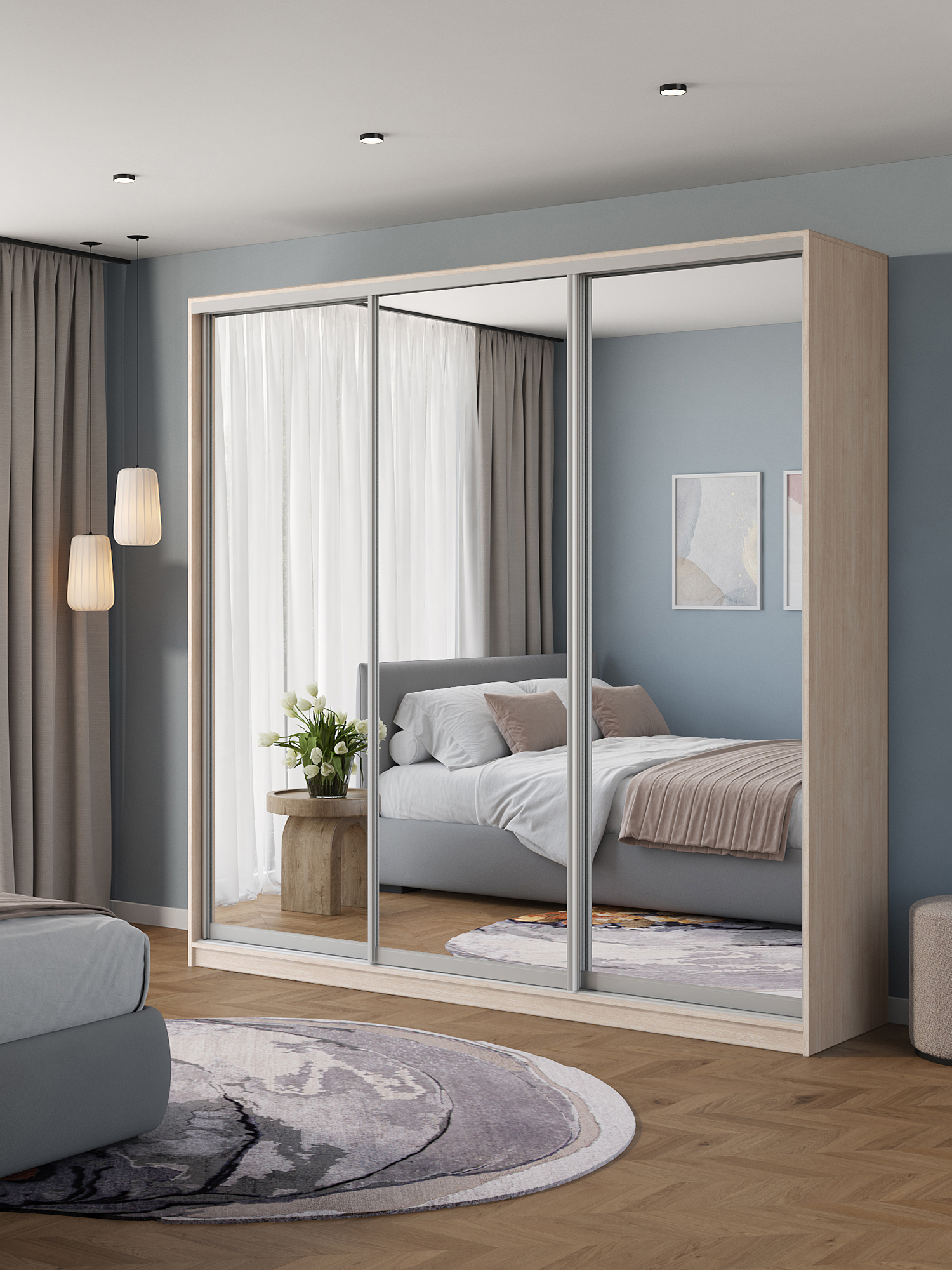 Изображение товара Шкаф-купе Клевер Атина с 3 дверями 240x240x65 см 9 полок ЛДСП цвет шамони светлый зеркальный