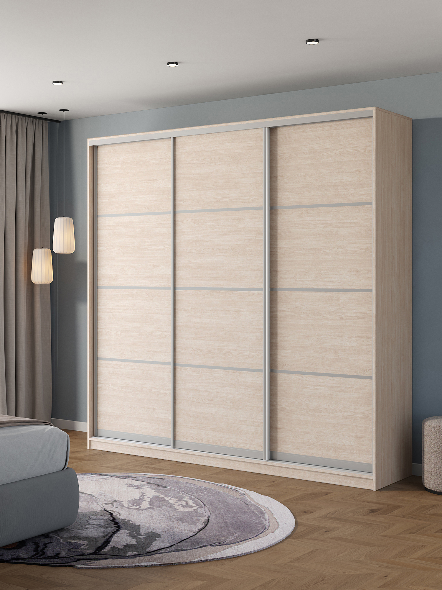 Изображение товара Шкаф-купе Клевер Атина с 3 дверями 240x250х58 см 9 полок ЛДСП цвет шамони светлый