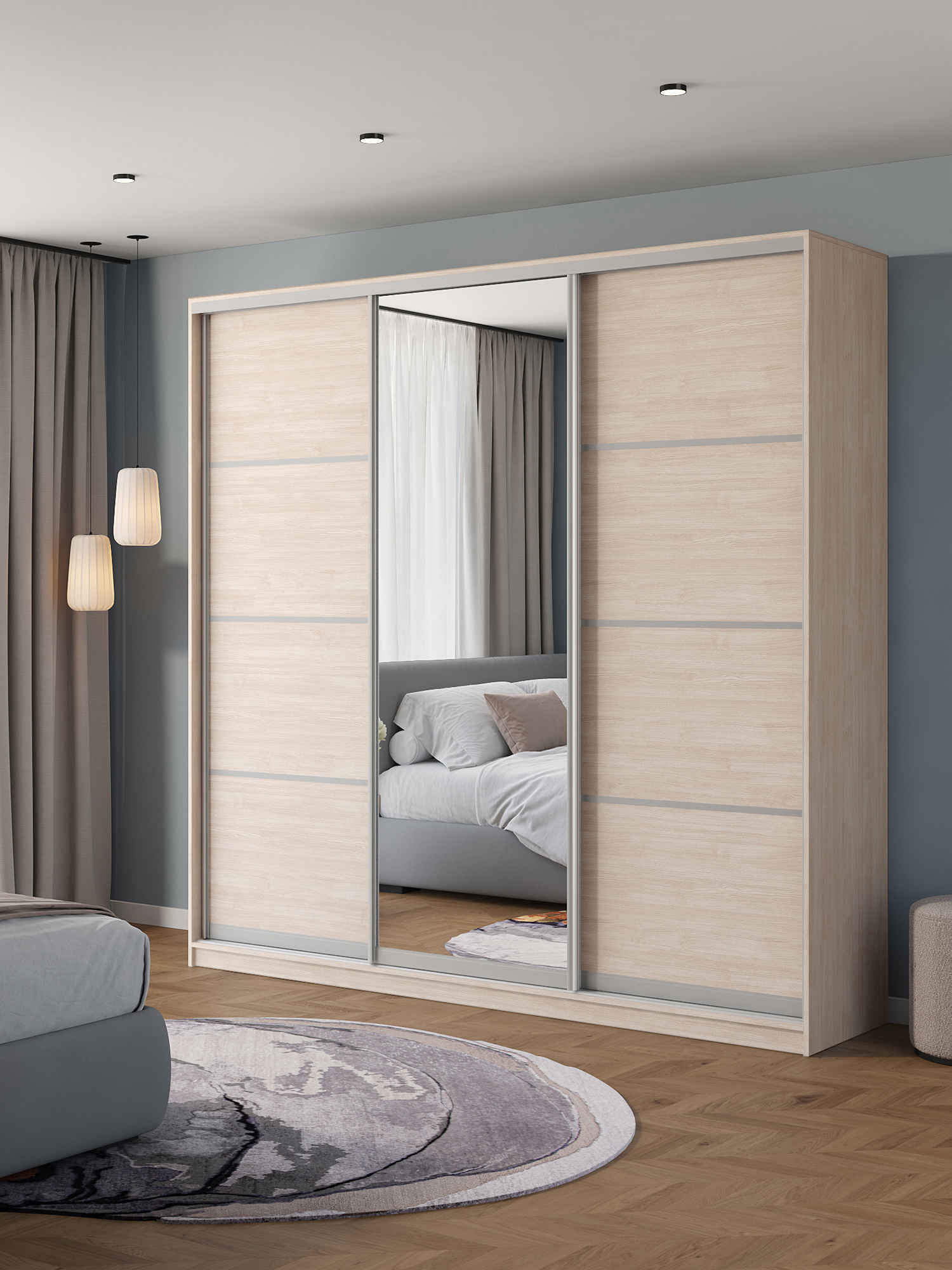 Изображение товара Шкаф-купе Клевер Атина с 3 дверями и зеркалом 240x240х45 см 9 полок ЛДСП цвет шамони светлый