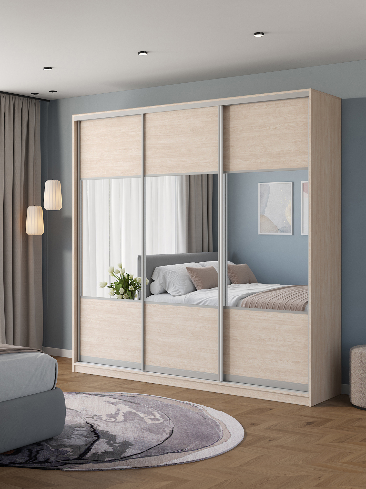 Изображение товара Шкаф-купе Клевер Атина с 3 дверями 240x250x65 см 9 полок ЛДСП цвет шамони светлый комбинированный