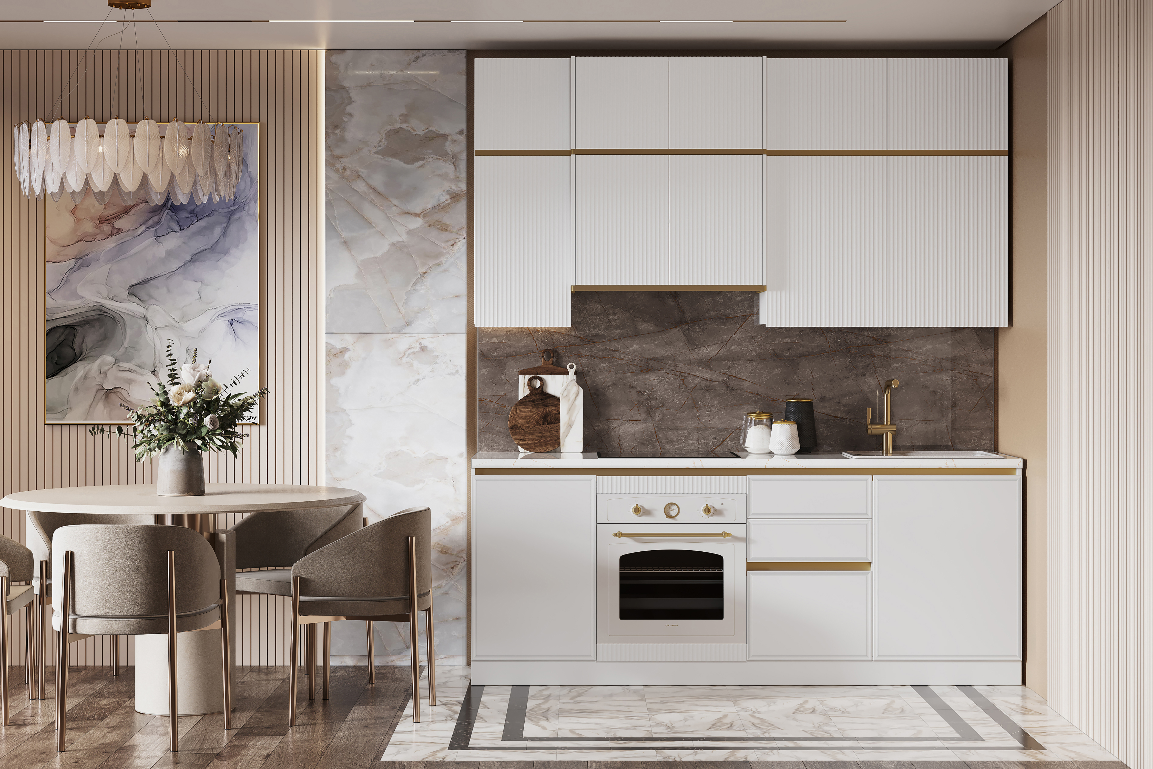 Изображение товара Кухонный гарнитур Safina grand Лина 220x255x60 см из ЛДСП в белом цвете с золотыми акцентами Изображение товара Кухонный гарнитур Safina grand Лина 220x255x60 см из ЛДСП в белом цвете с золотыми акцентами