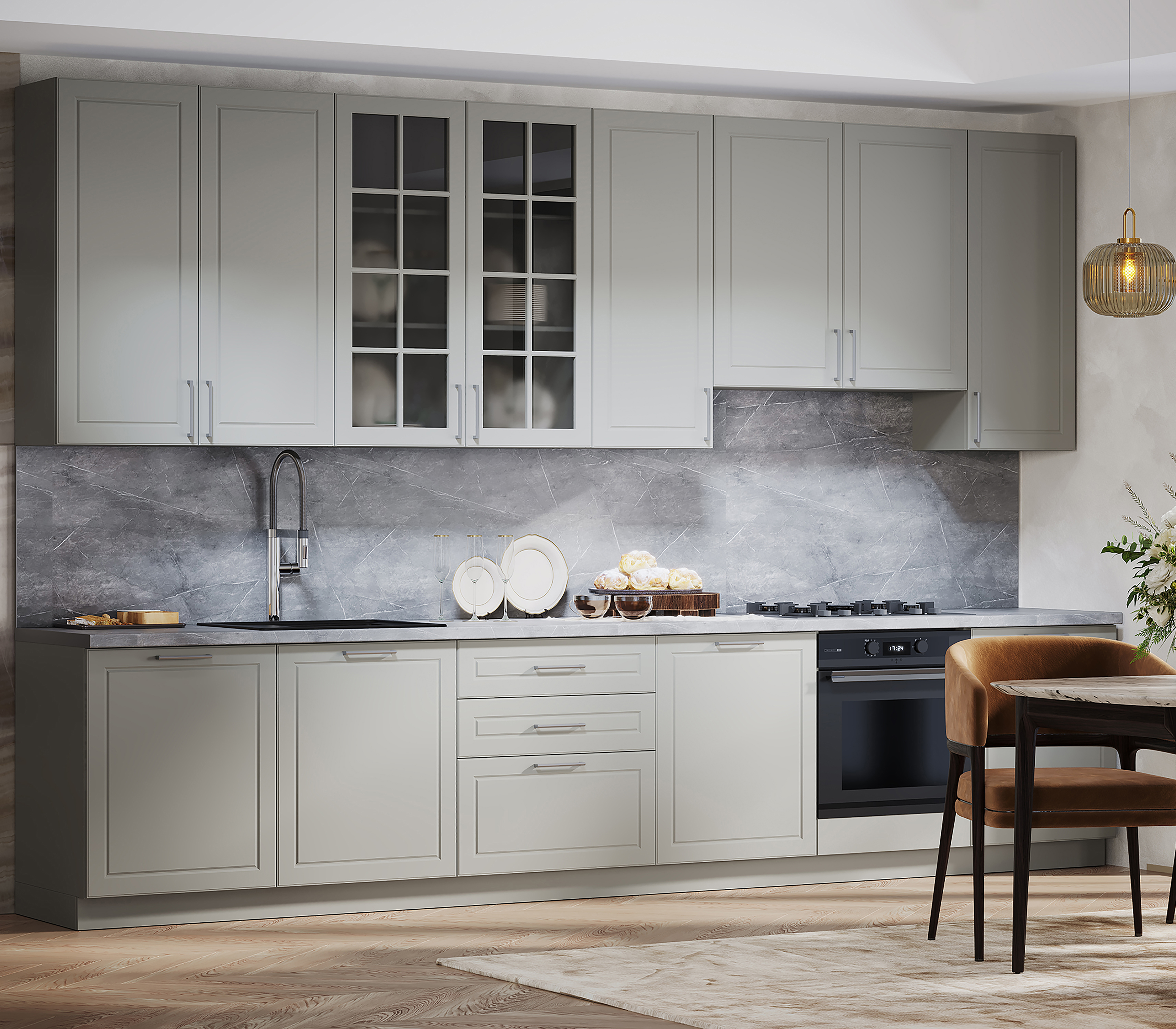 Изображение товара Кухонный гарнитур Safina grand Стелла 370x249x60 см ЛДСП цвет песчаного цвета, серый