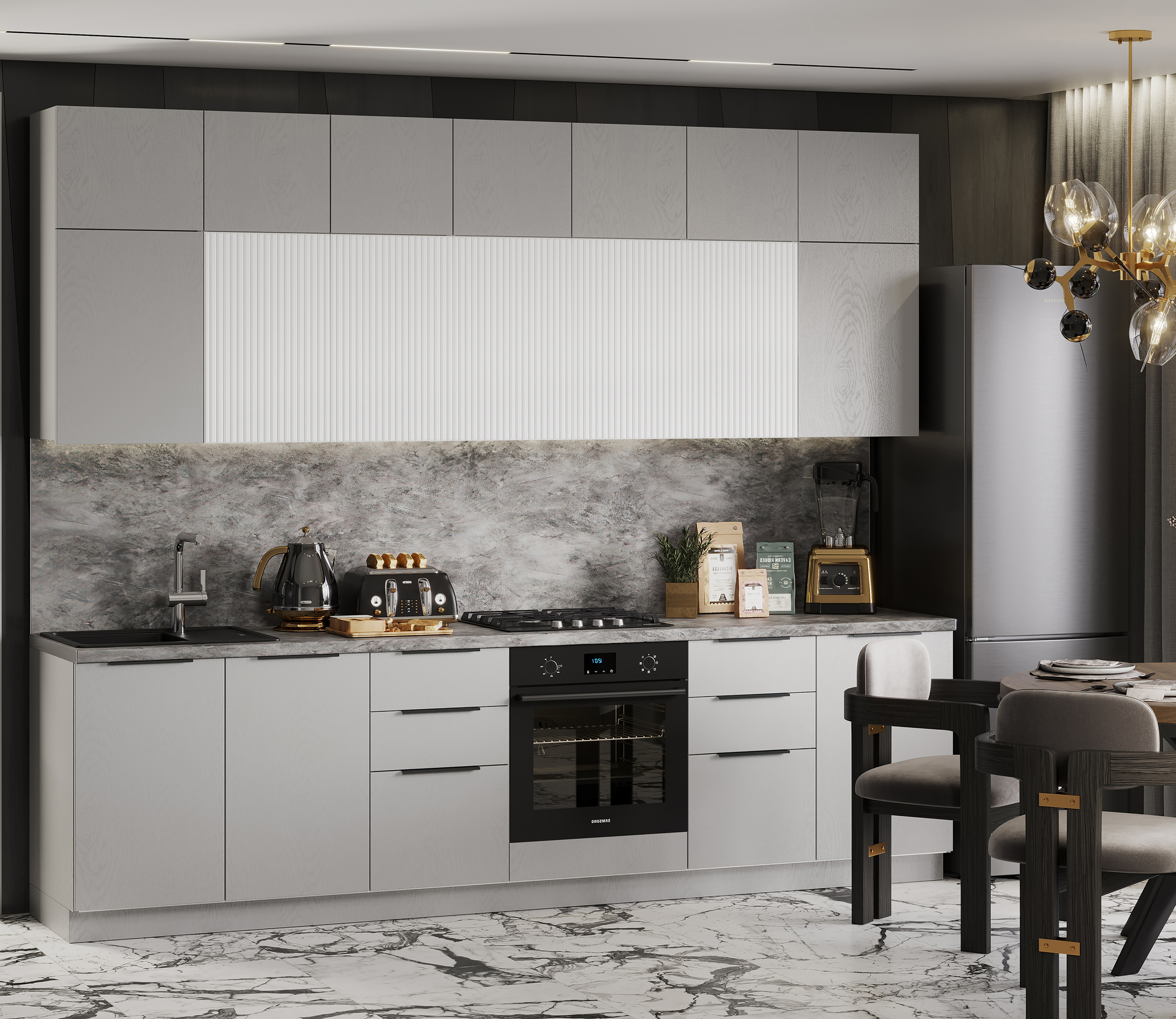 Изображение товара Кухонный гарнитур Safina grand Эльза 290x245x60 см из ЛДСП цвет серый и песчаный Изображение товара Кухонный гарнитур Safina grand Эльза 290x245x60 см из ЛДСП цвет серый и песчаный